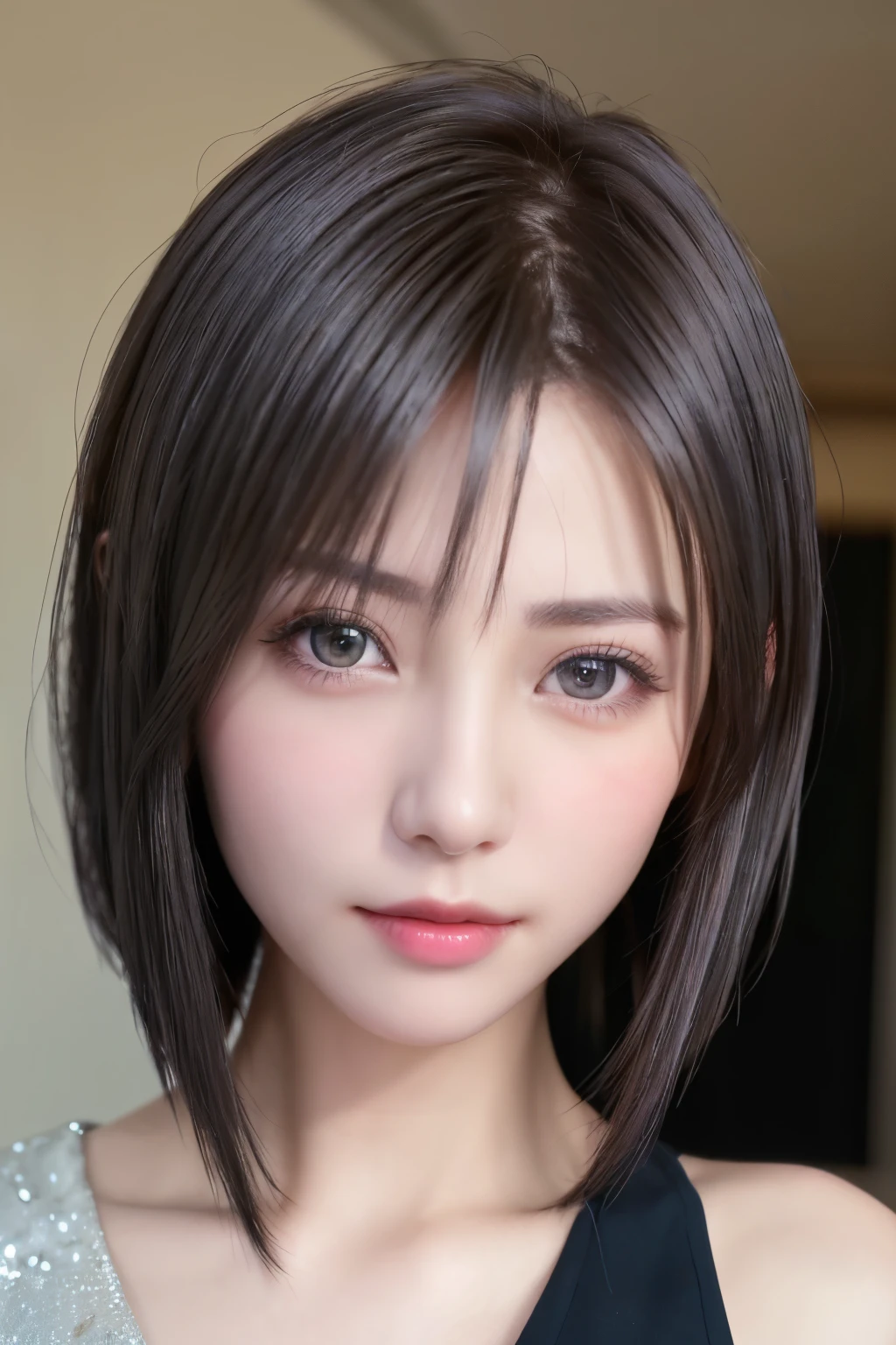 (8K、Photoreal、Raw photo、highest quality:1.3)、(1 girl)、超beautiful、(realistic face)、(boyish、silver color berry short hair)、beautiful、A radiance that captivates the viewer、beautiful表情、beautiful胸、(realistic skin)、beautiful...