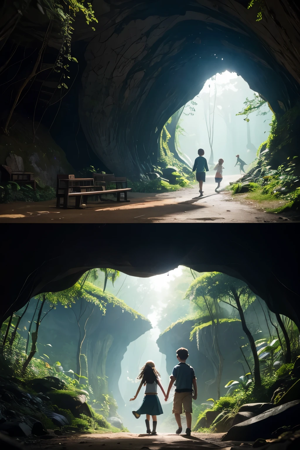 A girl and a boy leave a cave in the deep forest safely to meet their friends happily.