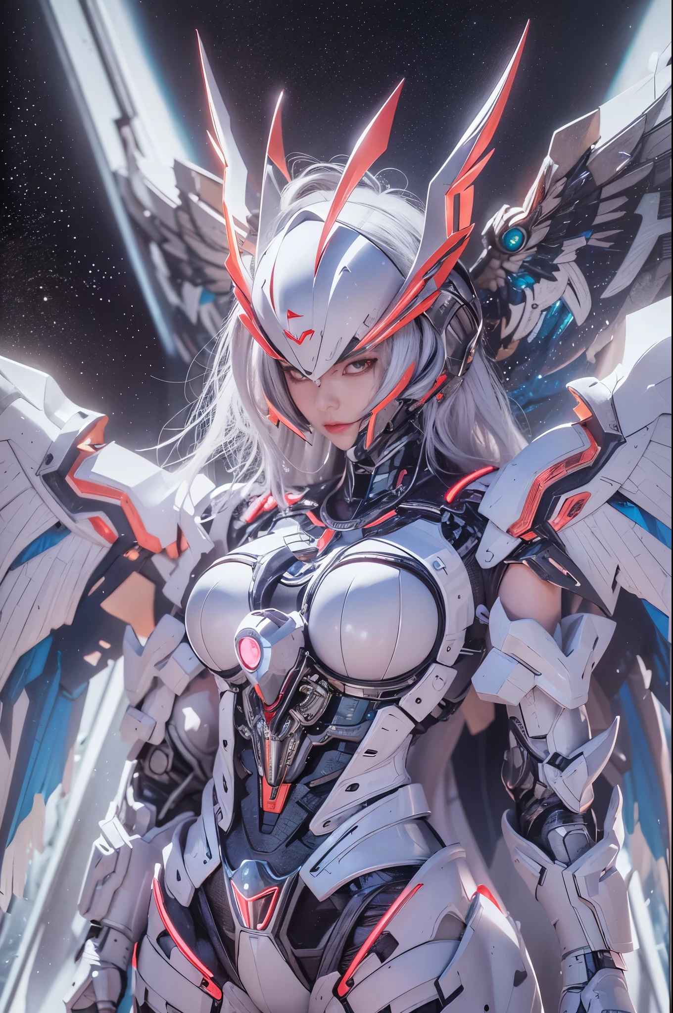 top-quality、masterpiece、超A high resolution、(Photorealsitic:1.4)、Raw photo、Battle Cyborg Angel、large wings made of metal、White porcelain body、Acrylic Clear Cover、white hair、glowy skin、1 Cyborg Girl、((super realistic details))、portlate、globalillumination、Shadow、octan render、8K、ultrasharp、character edge light,Colossal tits、Raw skin is exposed in cleavage、Details of complex ornaments、Double Zeta Gundam details、Hydraulic cylinder、Small LED lamp、highly intricate detail、Realistic light、a purple eye、radiant eyes、Facing the camera、neon details、cowboy shot、Futuristic headgear、About Cyberpunk、、