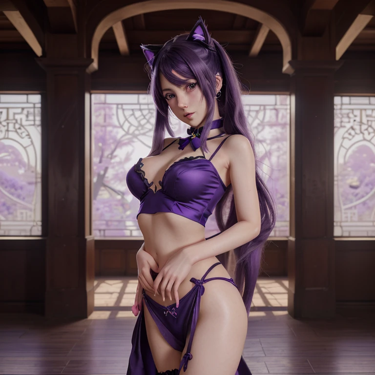 anime girl, purple cat ears, long hair, beautiful clothes, guvez style, 4k clarity, cgstation pop, antique architecture, seductive girl, attractive, genshin keru, anime style, 8K, Beautiful anime woman, Girl Front.