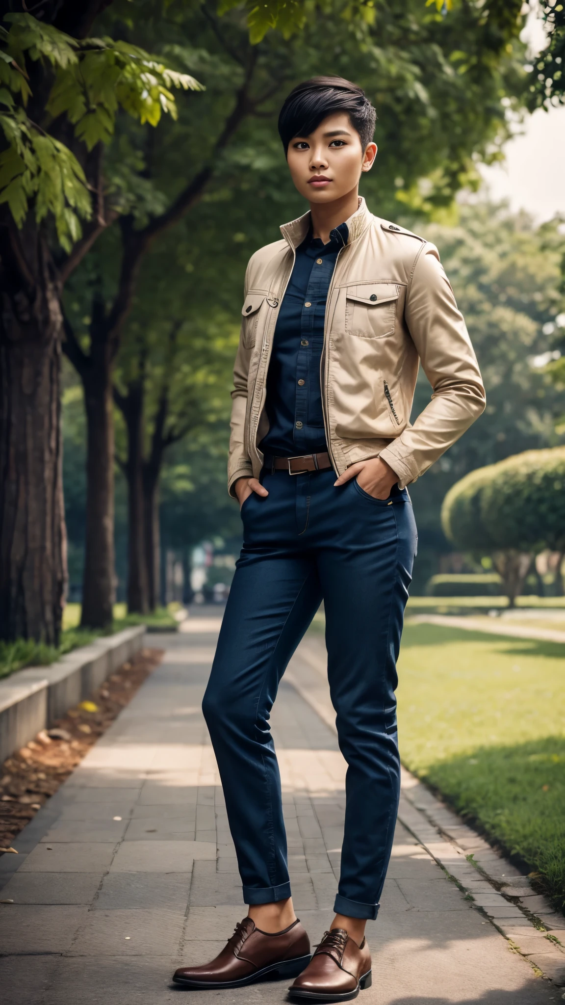 Realistic photography, photo-realistic, best quality, best resolution. A full body portrait from head to toe, 1 girl, feminine facial features, an Indonesian woman with crew cut hair and masculine appearance, standing proudly in a park. Her strong features and exude confidence and strength, while her choice of men's shirt and jacket, men's pants, and men's shoes makes her look handsome.