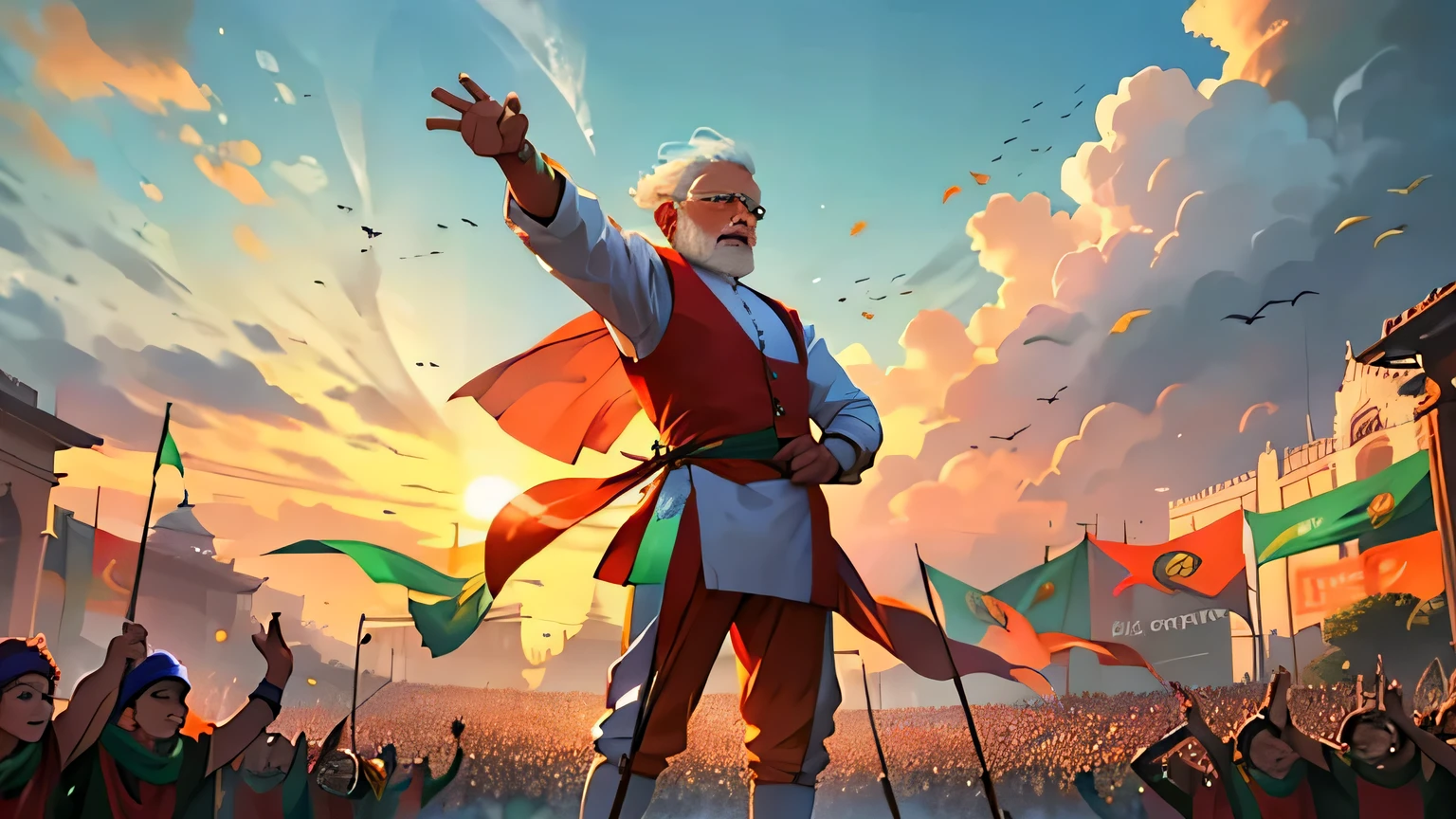 charisma and unwavering spirit. The image, captured in the best quality with intricate details, showcases Narendra Modi's magnetic presence as he addresses the masses in a bustling Indian square. The rich hues of the Indian flag fluttering in the wind serve as a fitting backdrop to the powerful and inspiring figure of Modi, whose intense gaze and determined stance leaves no doubt about his commitment to leading his people.
Additionally, the crowd behind him is a riot of colors, as people dressed in various Indian attires cheer and wave their own flags in support of their leader, adding to the lively and energetic atmosphere of the scene. With the sun setting in the