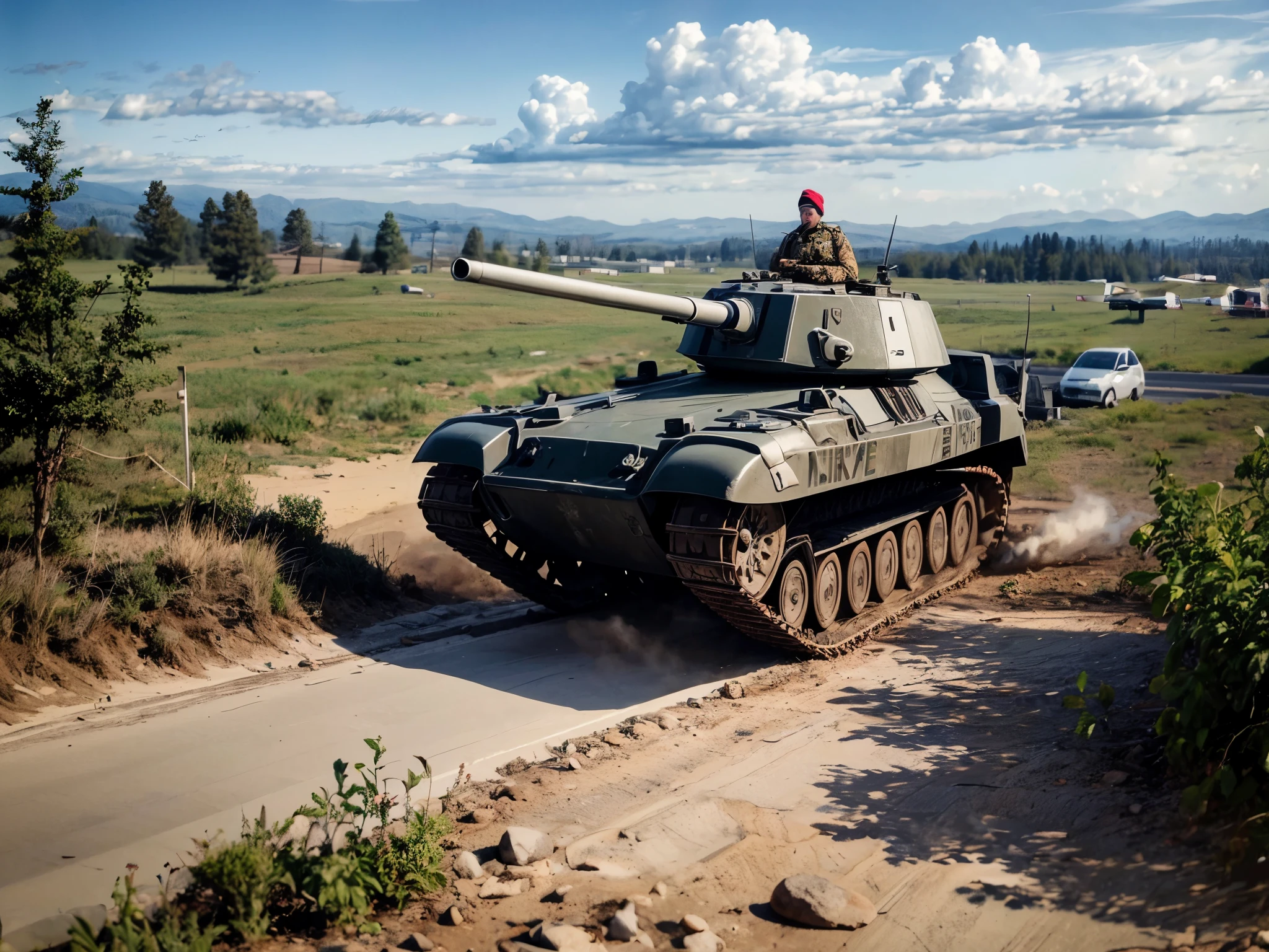 (best quality,4k,8k, highres, masterpiece:1.2), ultra-realistic, photorealistic, photo-realistic:1.37), Russian tank and ((female soldier under drone attack))