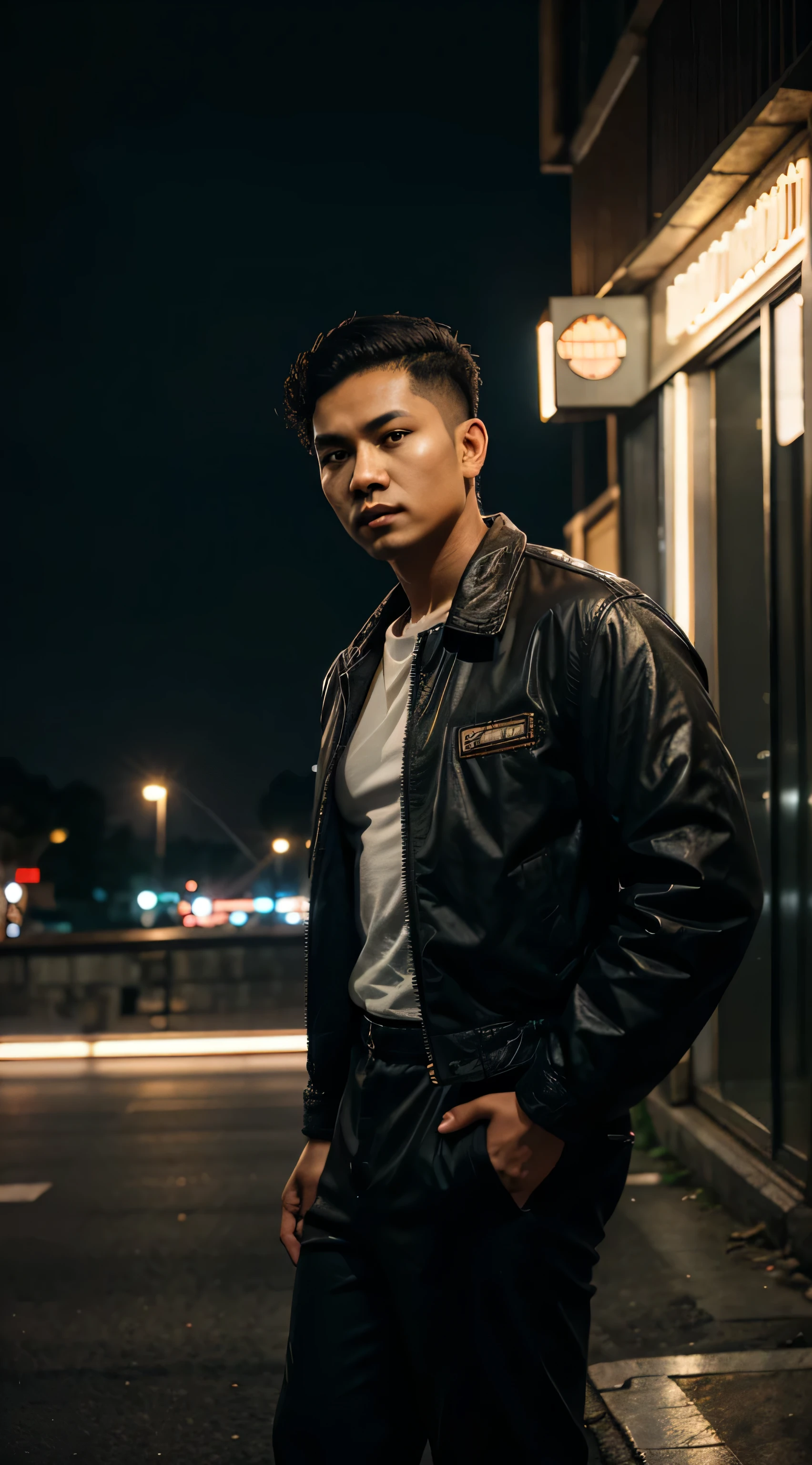 An indonesian man ideal body and short curly hair, wearing vintage jacket and pants.. he standing in night city bluring background with lighting.