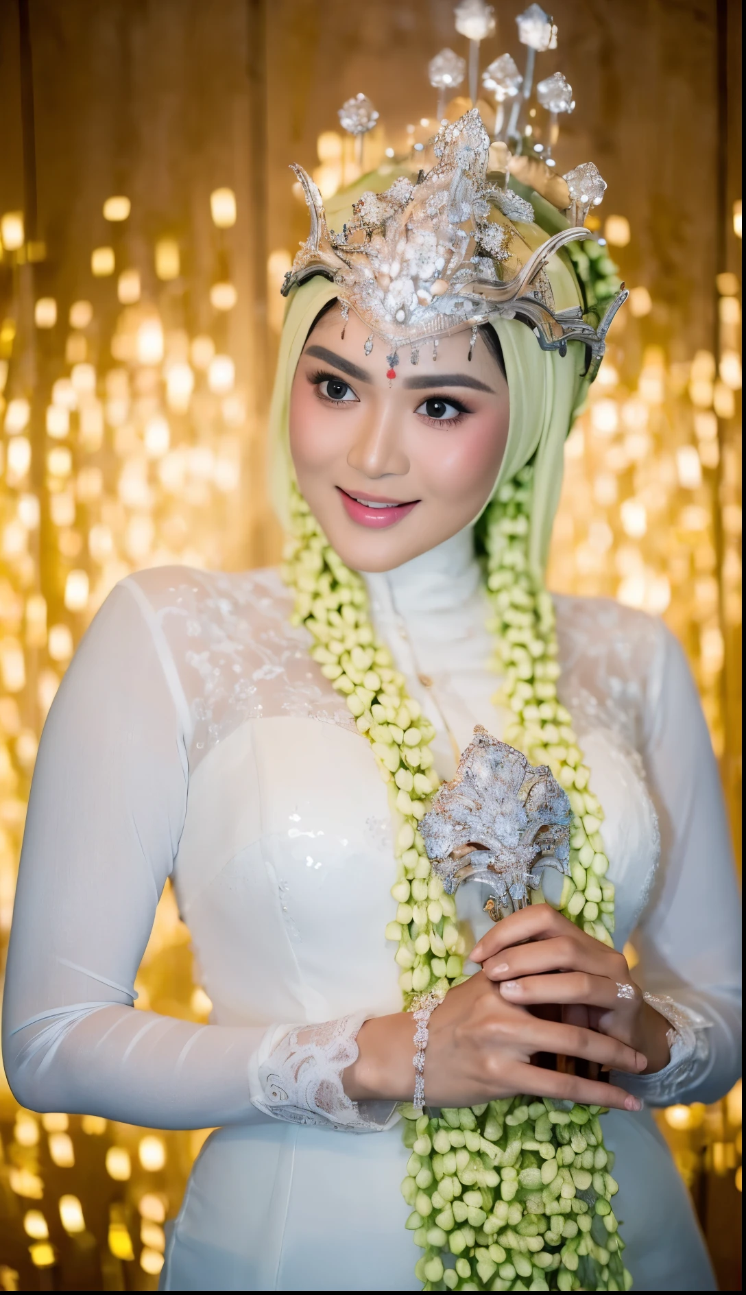 (masterpiece), ((best high quality:1.0), (ultra highres:1.0), detailed illustration, 8k, ((highest detailed)), ((ultra realistic)), soft lighting, ((realistic face, realistic skin)), ((super high resolution)), extreme detailed, ((HD picture)), ((indonesian old mother with hijab)), gigantic breasts, forward chest, busty body, tall, ((perfect beautiful face, thick lips, blush, Perfect round eyes, thin smile)), ((sexy panganten sunda)), full body, ((wedding hall background))