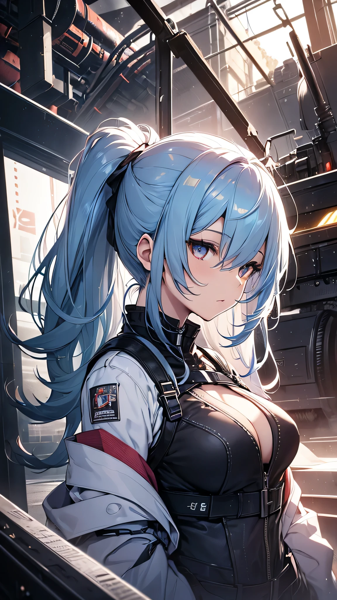 最high quality、best image quality、masterpiece、girl((20-year-old、 By becoming、vest bust、medium bust,wide open breast tea、shining eyes, light blue hair、long hair、thin,highest valley、ponytail、action of looking up、full body bandage、white jacket、blue pants)),high quality、beautiful art、background((Near future、Machine area、energy field))、Flight、debris flies、Depth of written boundary、movie、visual art、perfect art、8k,genuine、