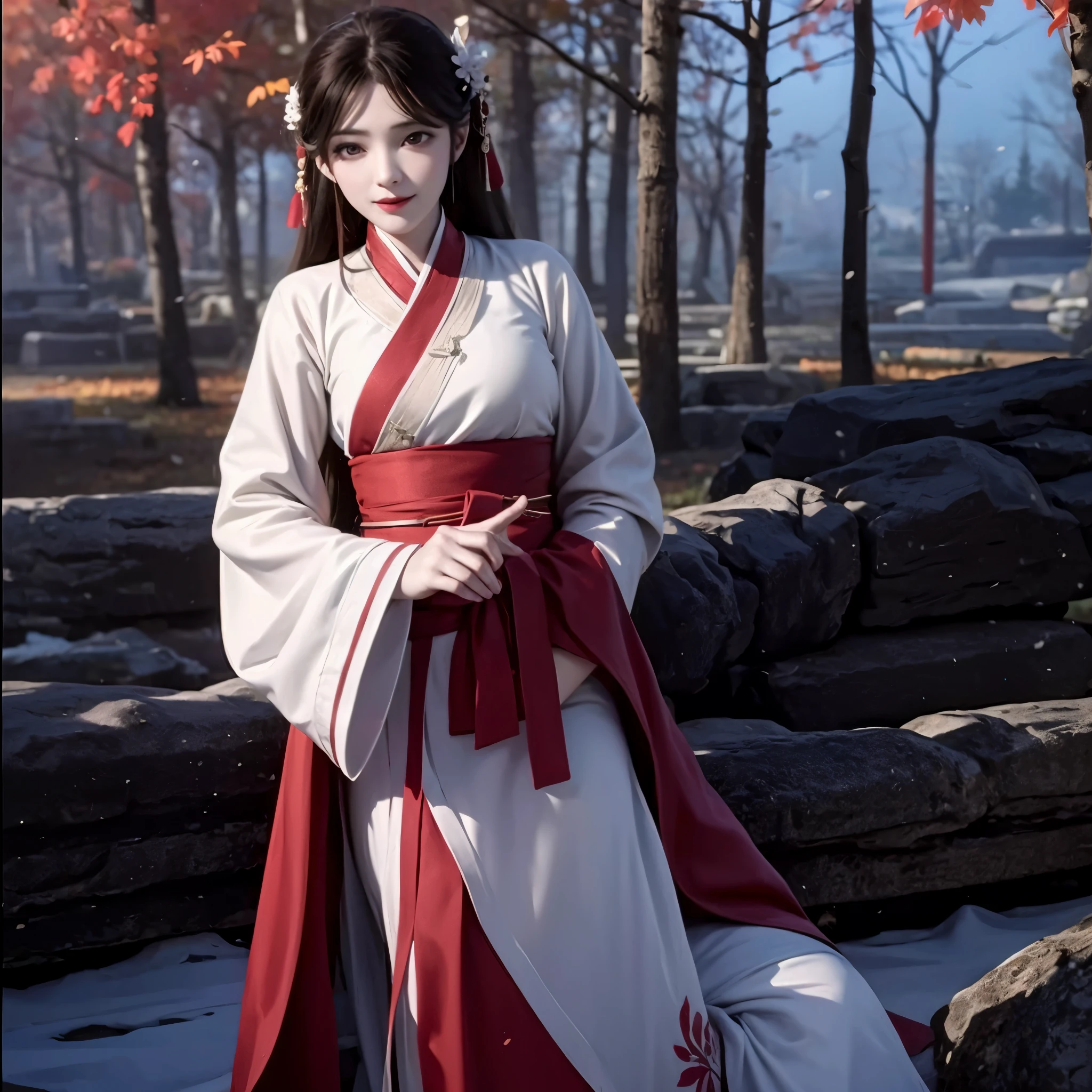 1 solo , Beautiful girl with long brown hair, bright brown eyes, sweet smile, snow white skin,Her long hair is decorated with red mulberry flowers 🏵️,The girl wore a simple white hanfu with a red cloth tied around her waist, Forest setting filled with mulberry tree  ,central focusing on girl in graphics, realistic graphics, 8k, wearing white hanfu and red skirt hanfu