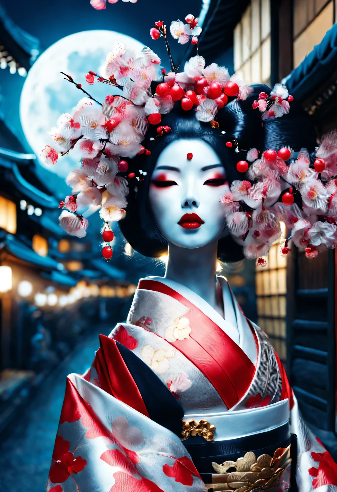 Gothic aesthetics，Gothic aesthetics，(Geisha stands gracefully under the cherry blossoms,Oiran at the Sakura Festival, Many red cherry blossom petals fall one after another, (whole body)
White makeup on a girl’s face without highlights and shadows. The entire white foundation covers the face and neck. Red lip makeup is a small mouth area that is smaller than normal lips. Thick eyeliner can highlight the outline of the eyes, Strengthen eyes, And make the pupils appear dark and deep. Straight eyebrows are eye-catching but not stiff, Make the whole face clean. Typical Japanese Geisha makeup,
Wearing a gorgeous kimono embroidered with black and gold cherry blossoms, This is a long-sleeved kimono, Wearing Japanese clogs,
background: Deep streets under blue moonlight,
Surrealism, Realistic depiction of light and shadow, Real and exaggerated photos, super high quality, Super details, movie shot, shallow view deep,