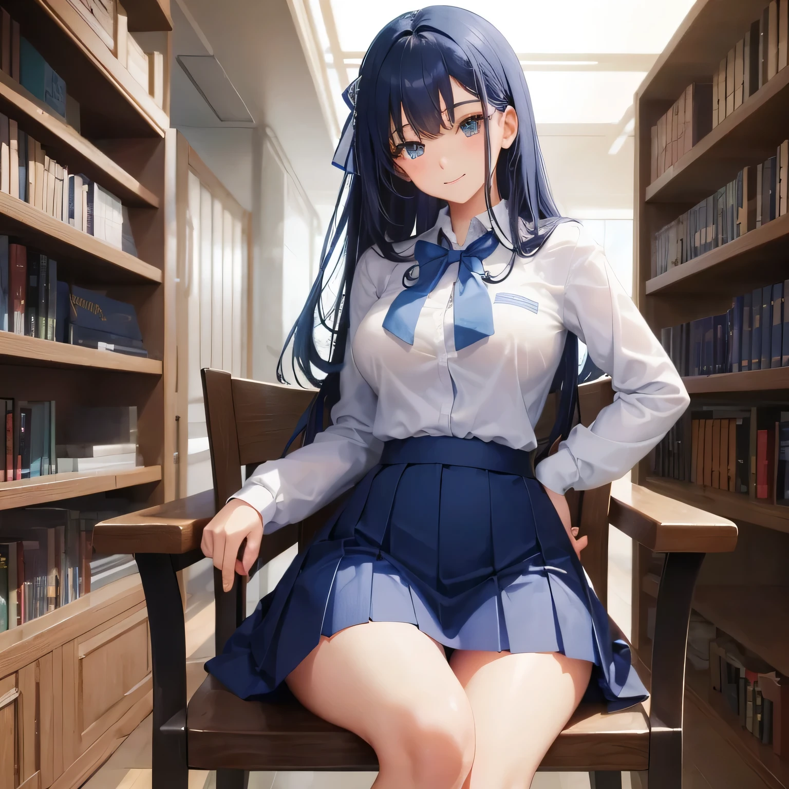 1 high school girl　alone　high school uniform　White Y shirt long sleeve　blue ribbon　dark blue hair color　dark blue hair color　big breasts　sit on a chair　library　学校のlibrary　bookshelf　loafers　full body portrait　slim body shape　cool look　glare　smile　long leggings skirt　emphasize the thighs