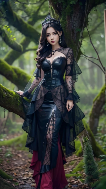 hyper realistic picture, nsfw, a girl standing on the tree and wears a luxurious gothic dress. She has all dark for make up, and she looking at the bottom, camera angle at bottom on her toes. she absolutley stunning and having very long dark hair