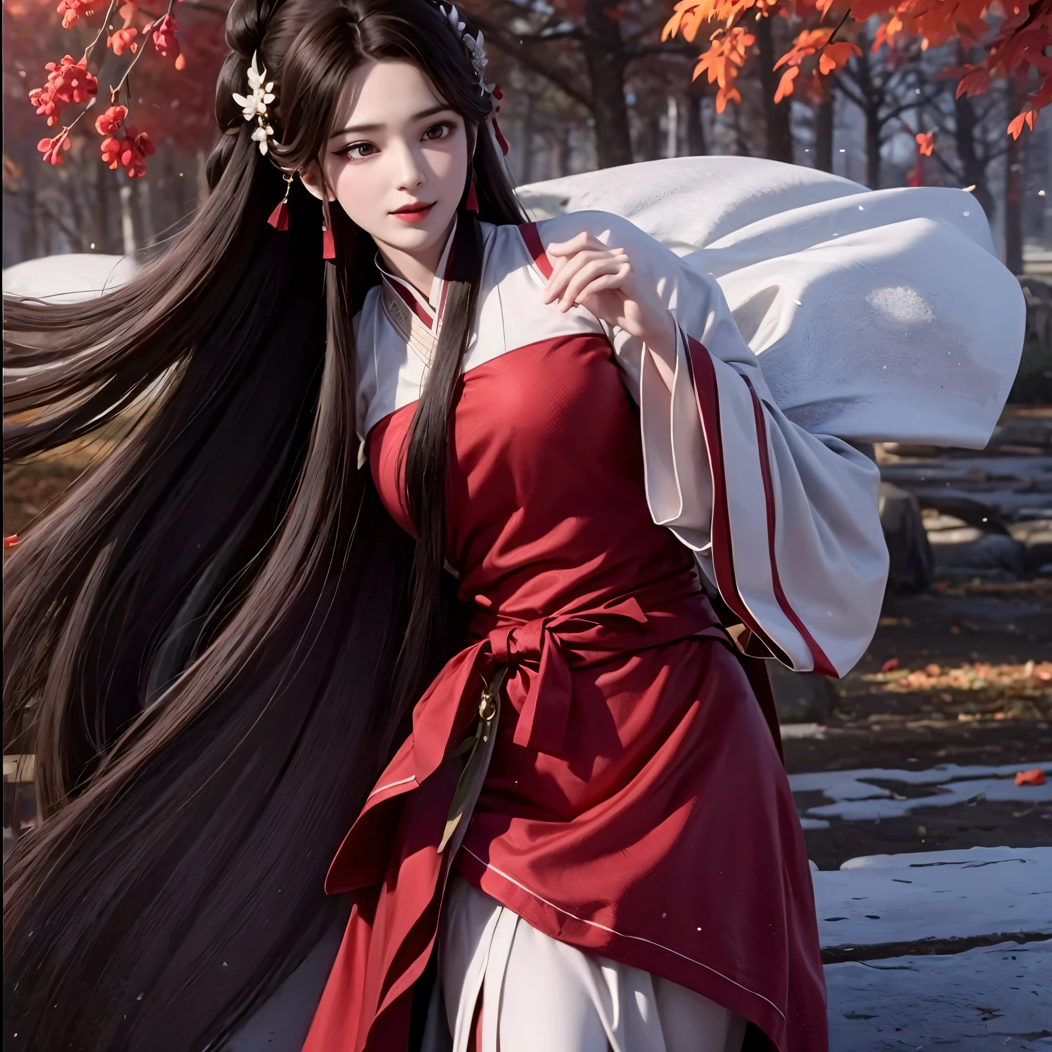 1 solo , Beautiful girl with long brown hair, bright brown eyes, sweet smile, snow white skin,Her long hair is decorated with red mulberry flowers 🏵️,The girl wore a simple white hanfu with a red cloth tied around her waist, Forest setting filled with mulberry tree  ,central focusing on girl in graphics, realistic graphics, 8k, wearing white hanfu and red skirt hanfu