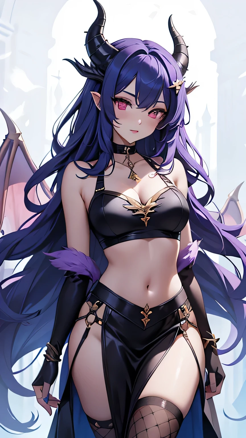luna the succubus from monster girl prison, orange jumpsuit, best qualityer，tmasterpiece，Ultimate resolution，downy，Extremely colorful，Colorful，Dragon beauty，Mature face shape ,long hair, Redlip，choker necklace，Long messy hair，A pair of dragon horns，A pair of dragon wings，a matural female，Crop topping，Superskirt，The kinky is exposed，Sanctuary，Skysky，Normal posture
