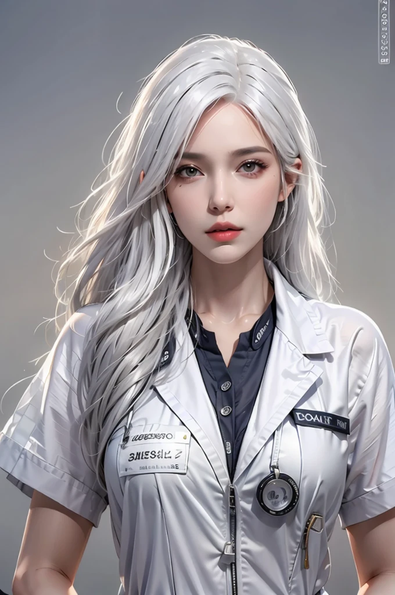 Close-up of a woman with a stethoscope on her chest, perfect gray hair girl, up to the model | germ of art, gray hairの, doctor, Written by Russell Dongjun Lu, beautiful digital artwork, gray hair, realistic digital art 4 k, gray hairの女の子, realistic digital art 4k, realistic. Chen Yi, (doctor)