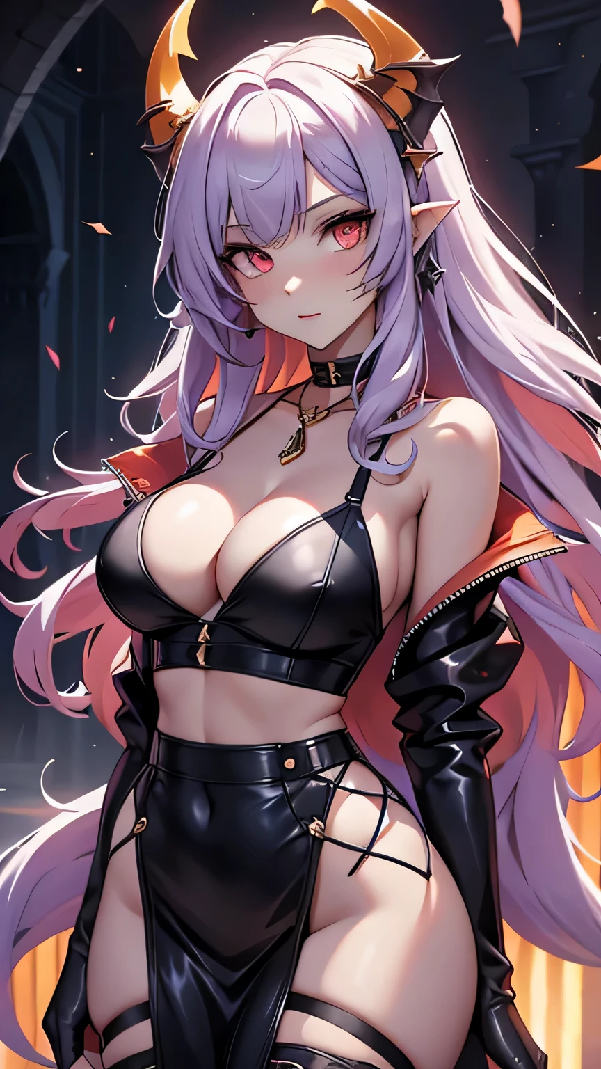 luna the succubus from monster girl prison, orange jumpsuit, best qualityer,tmasterpiece,Ultimate resolution,downy,Extremely colorful,Colorful,Dragon beauty,Mature face shape ,long hair, Redlip,choker necklace,Long messy hair,A pair of dragon horns,A pair of dragon wings,a matural female,Crop topping,Superskirt,The kinky is exposed,Sanctuary,Skysky,Normal posture