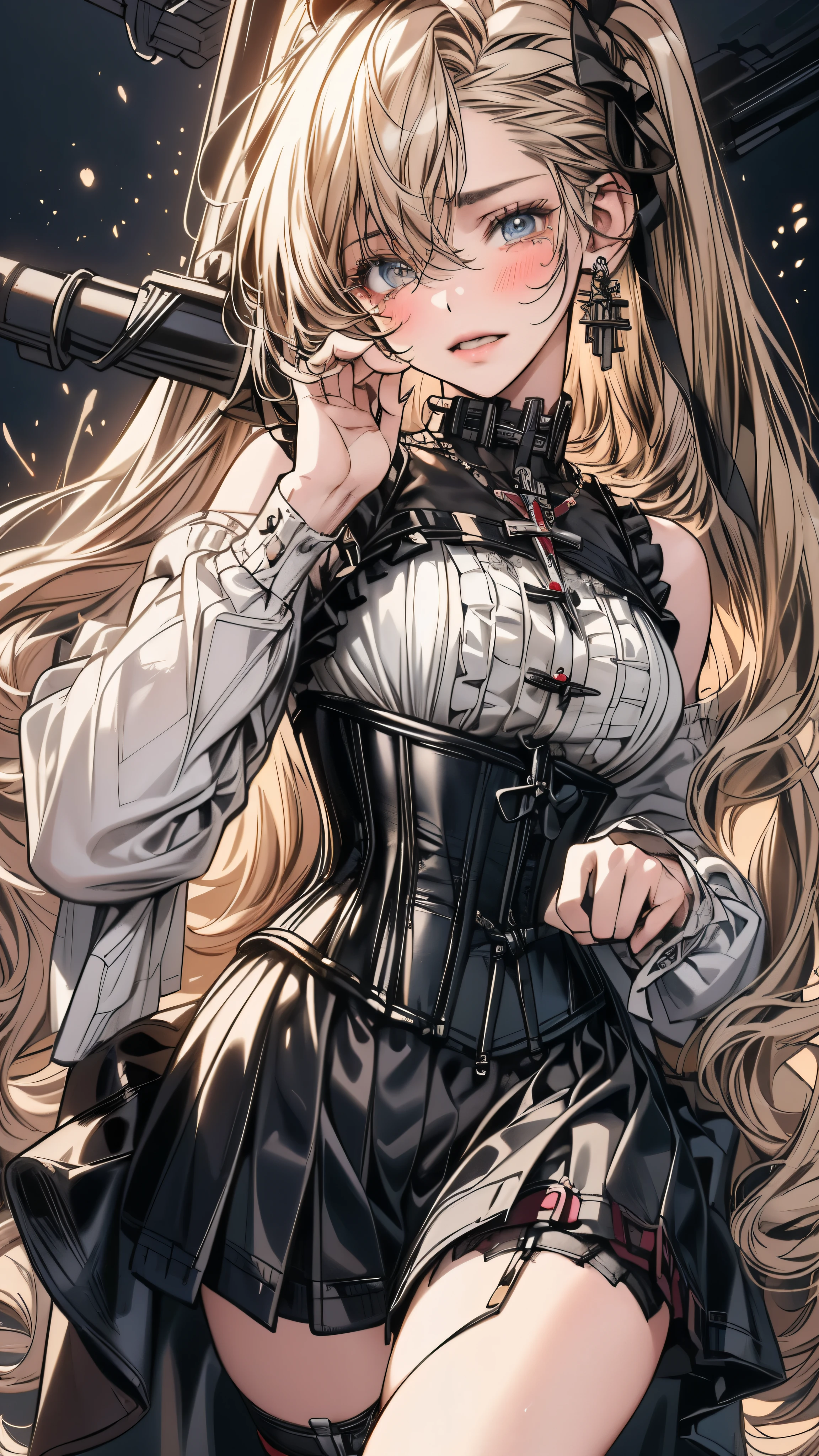 (((masterpiece)))、((highest quality))、(Super detailed)、(CG illustration)、(so beautiful ))、cinematic light、(((1 Mechanical Girl)))、 SF、Apocalypse、erotic grotesque、(beautiful and luxurious:1.2)、(1 girl:1.3)、facing the front, (double breasted,under bust:1.2), gap between buttons,(((corset belt))),(((high waist mini skirt,)))Are crying,Sad face