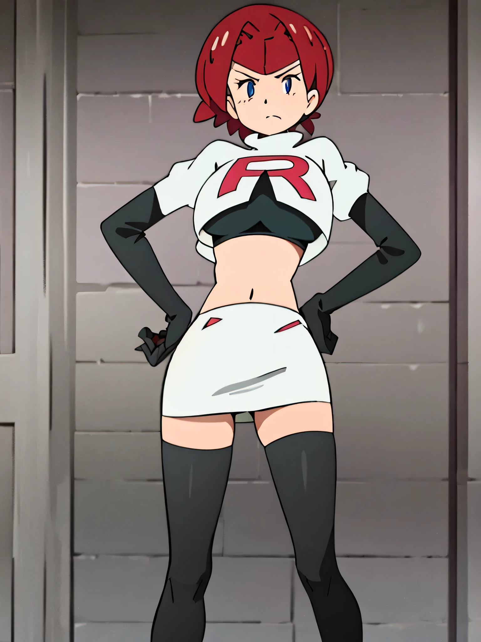 8k,1girl in, (solo:1.1), (perfect body:1.1), (best quality:1.1), very large breast, team rocket, team rocket uniform, red letter r, white skirt,white crop top,black thigh-high boots, black elbow gloves, seductive glare, looking down at viewer, hands on hips,zettai ryouiki,cowboy shot