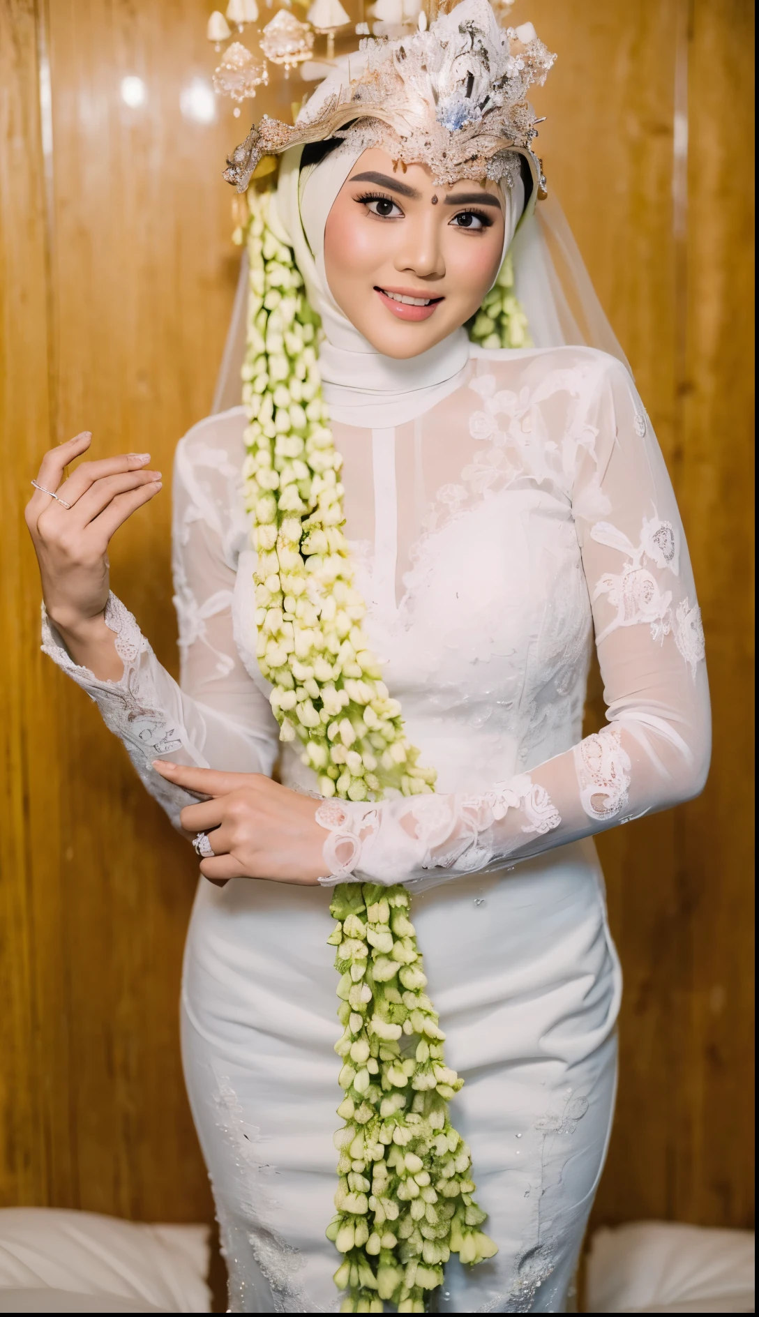 (masterpiece), ((best high quality:1.0), (ultra highres:1.0), detailed illustration, 8k, ((highest detailed)), ((ultra realistic)), soft lighting, ((realistic face, realistic skin)), ((super high resolution)), extreme detailed, ((HD picture)), ((indonesian old mother with hijab)), gigantic breasts, forward chest, busty body, tall, ((perfect beautiful face, thick lips, blush, Perfect round eyes, thin smile)), ((sexy panganten sunda)), full body, ((wedding hall background))