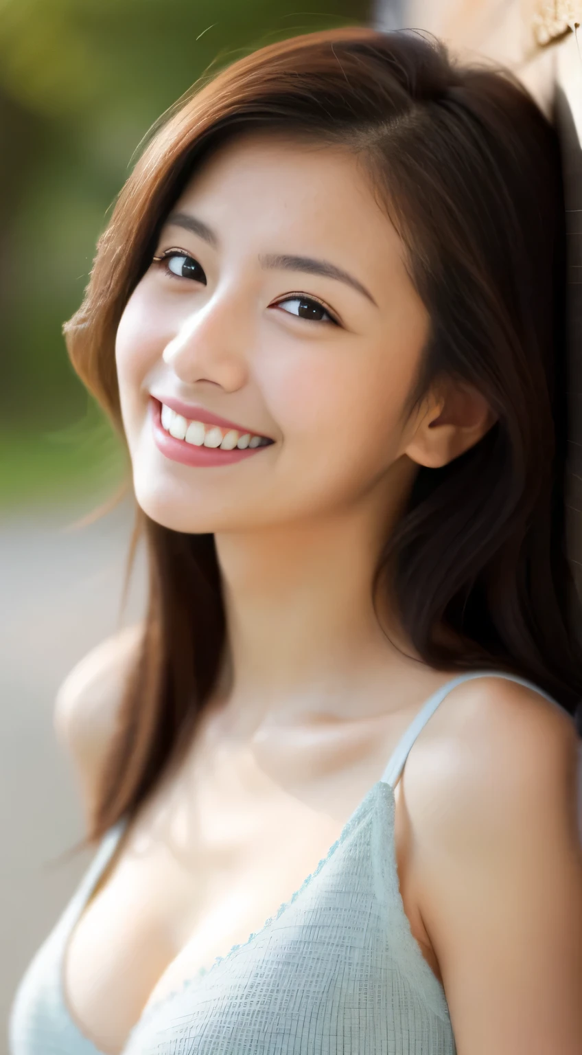 Japanese ),((beautiful girl)),cleavage,An expression that imagines something pleasant:1.2,(perfect body beauty:1.2),((perfect body)),(shy smile),beautiful teeth,