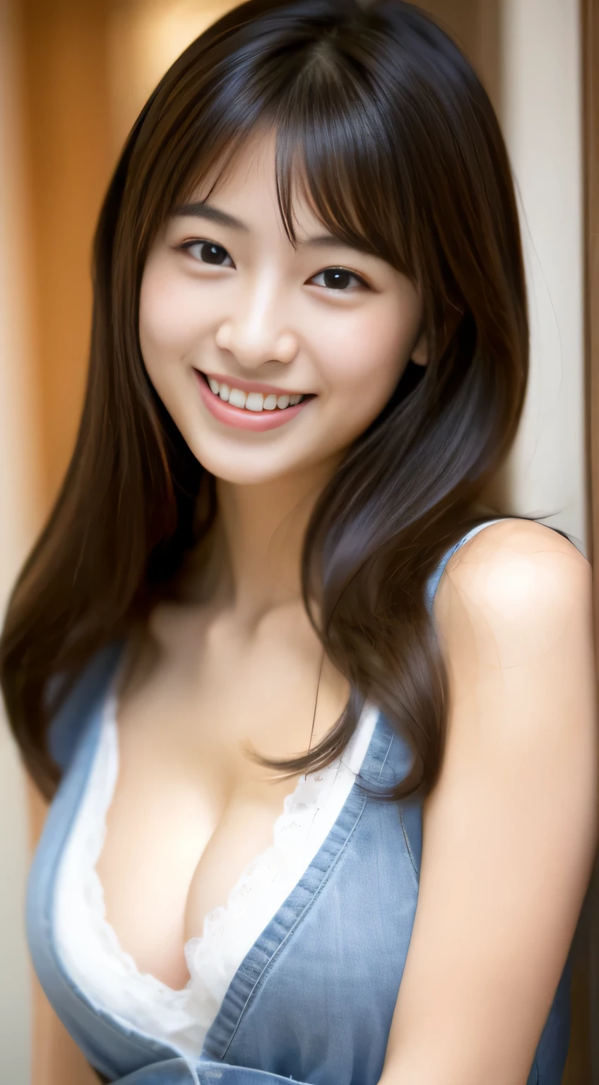 Japanese ),((beautiful girl)),cleavage,An expression that imagines something pleasant:1.2,(perfect body beauty:1.2),((perfect body)),(shy smile),beautiful teeth,