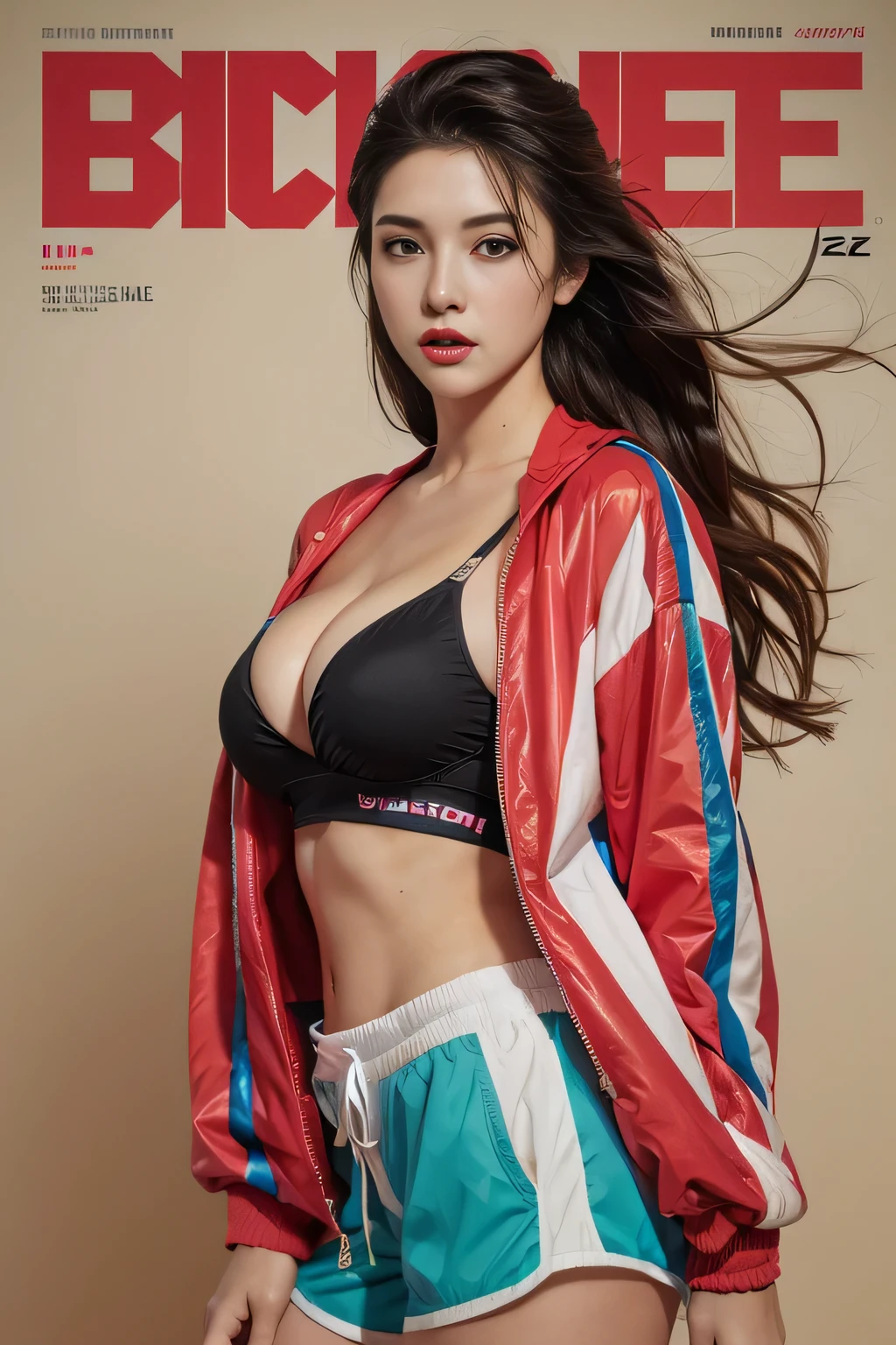 Close-up of a woman in a flag colored jacket and shorts, facial mix of phoebe cates, large breast, deep cleavage, she is wearing streetwear, (dynamic angle), (floating), (paint), ((loose hair)), (solo), (1girl), magazine cover, ((magazine cover))