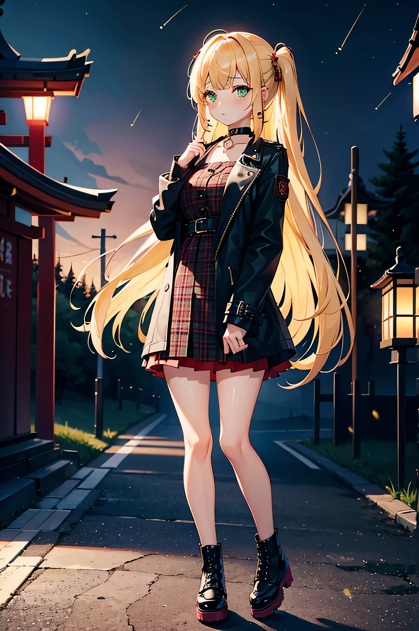1girl, blush, sad expression, side bangs, green eyes, open black long jacket, open jacket, red tartan dress, black Dr Marten boots, pierced ears, blonde hair, highres, choker necklace, looking at viewer, long hair, Japanese temple background, full body, night sky, slim body, wind blowing, fireflies
