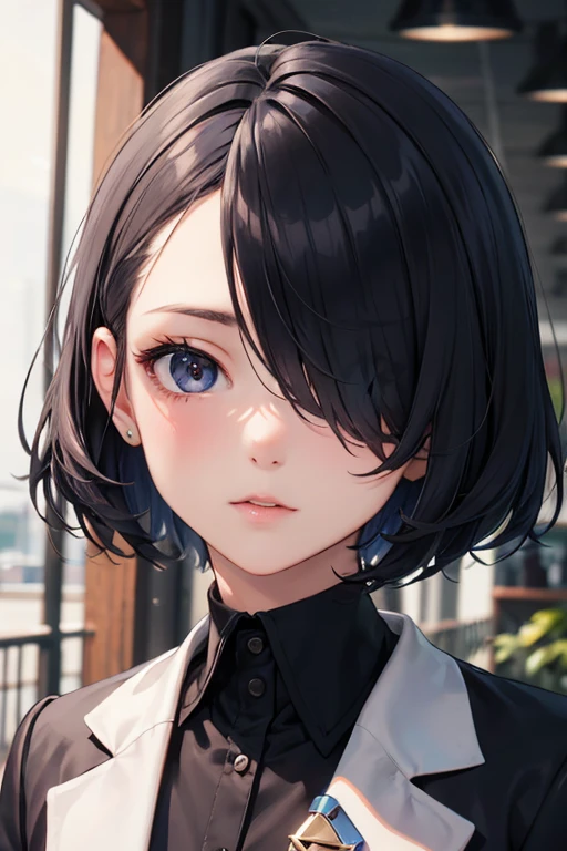 portrait of erupean girl,solo,18yo,beautiful face,uppser body,hair over one eye,medium sidecut, black hair, sharp focus,black business suit