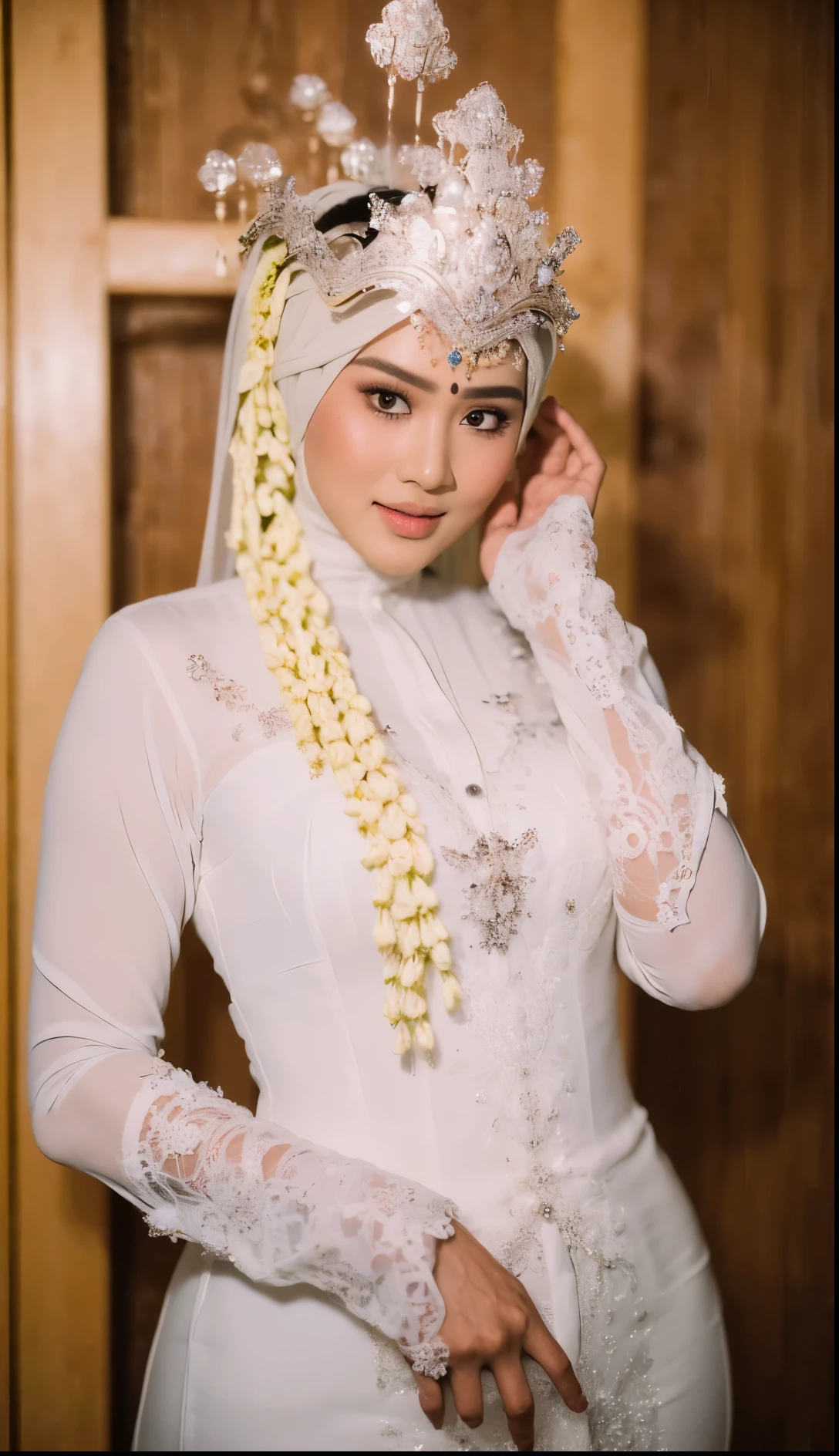 (masterpiece), ((best high quality:1.0), (ultra highres:1.0), detailed illustration, 8k, ((highest detailed)), ((ultra realistic)), soft lighting, ((realistic face, realistic skin)), ((super high resolution)), extreme detailed, ((HD picture)), ((indonesian old mother with hijab)), medium breasts, forward chest, busty body, tall, ((perfect beautiful face, thick lips, blush, Perfect round eyes)), ((sexy panganten sunda)), full body, ((wedding hall background))