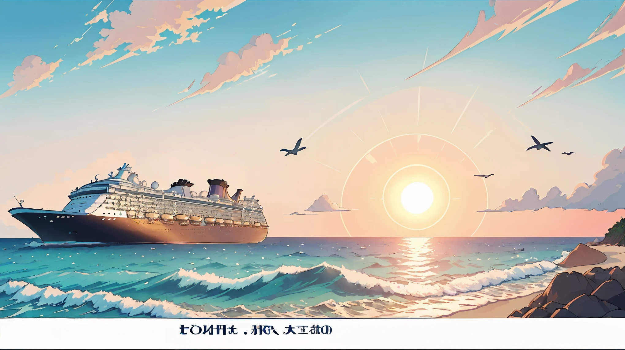 Ocean bank beautiful Scene, sun behind it with many cruise ships, 8k resolution