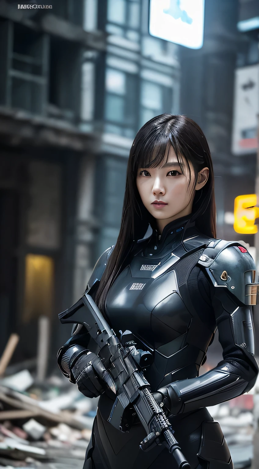 (Photorealsitic:1.4)、(masterpiece:1.3)、(top-quality:1.4)、(Woman standing in front of a destroyed building)、(Beautiful Female Soldier holding a futuristic rifle)、(wearing black colored futuristic composite plastic armour suit)、beautiful youngasian woman、Highly detailed facial and skin texture、(cyberpunk scene)、Night、illuminations、