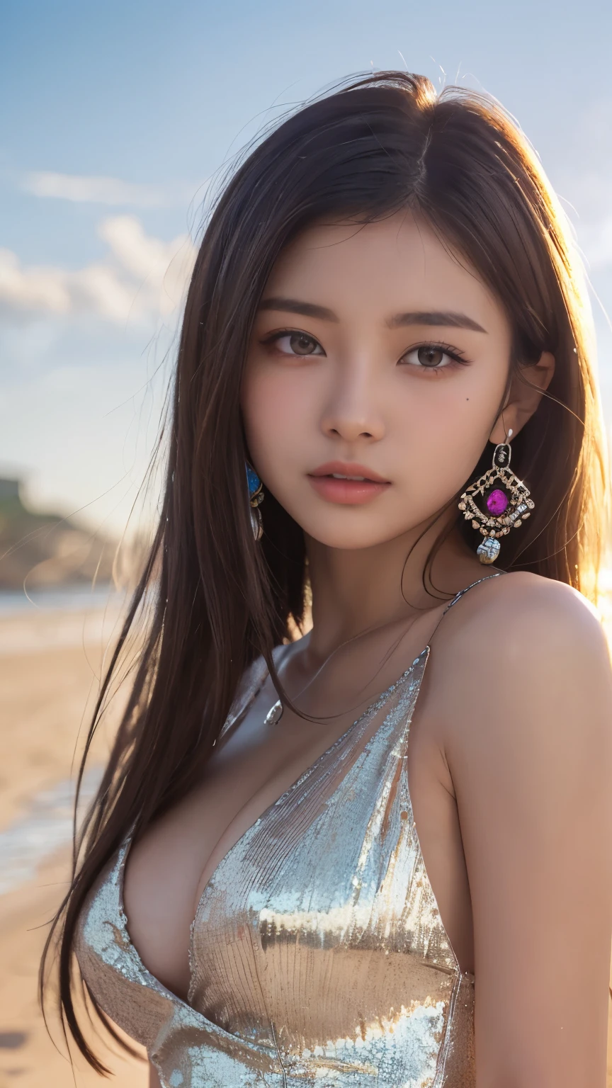 Masterpiece, 4K, bokeh, Photorealistic, high school girl sitting on the beach, (Japanese idle:1.6), Lightbrown long hair, Light brown eyes, Plump breast, Looking at the viewer, Blushed face, Close up, (Silver metallic dress), (Gemstones decoration:1.2, Colorful Gemstones:1.2), (Dress embellished, Sequins), sunset seashore, Beautiful sky and clouds,