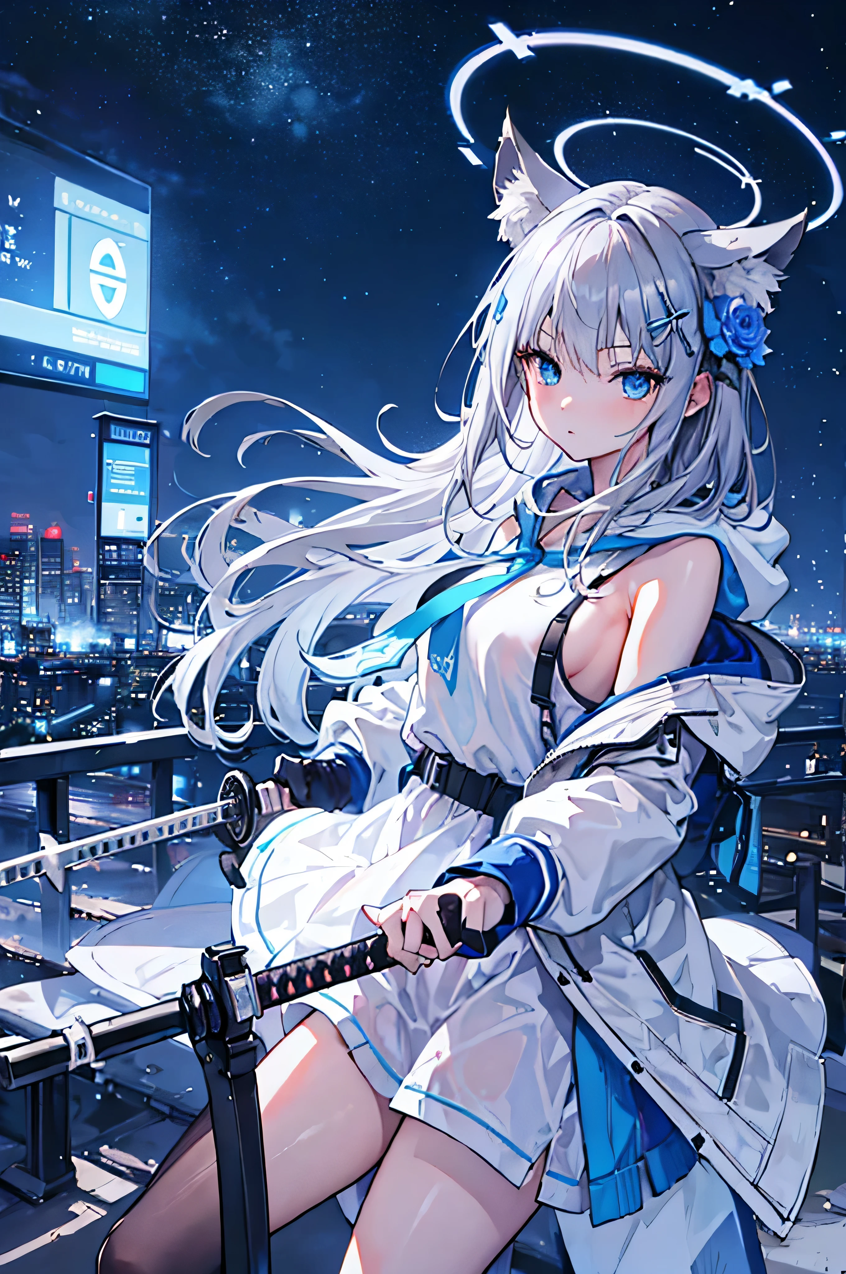 (masterpiece), septh of field, super saturate,Best Quality, 超A high resolution,girl on top of an electric pole with a view of the city of Japan ,white animal hoodie,grey hair, neon color流れ星, Very long hair, off shoulders, blue  eyes, blue flower hair ornament, neon color, flashes, stunning night sky, Cinematic lighting, Photorealistic, Realistic skin, Fisheye, (32k), embarrassing, holding katana sword