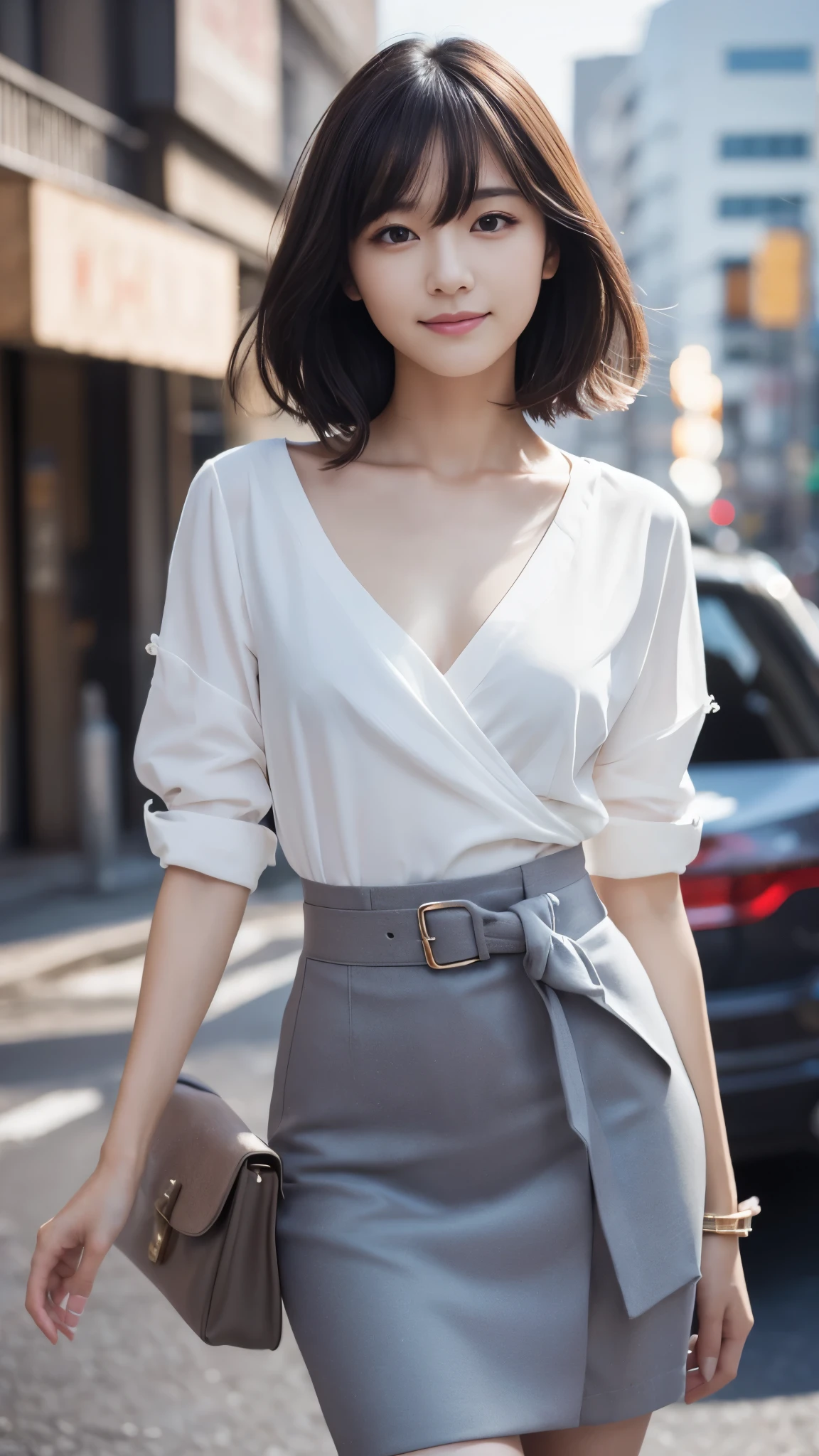 1 female,18-year-old,(numerical portrait:Mayu Yokota, Yuko Araki),black eye,beautiful face,(thin skeletal surface+delicate features、),非常にdetailed face,(delicate Japanese makeup), black eyelash curls for long hair,(messy and layered, by bangs), smile,Please look into the camera,fair and smooth skin,(optimal skin type:1.21),(clavicle:1.2),slim fit suits for women,V neck white short shirt,(deep v neck,big breasts),short hip wrap skirt,(realistic close-up photo of woman),thin waist、long legs,(slim body shape),street,((Hasselblad Photos)),surreal pictures, Physically based rendering,professional lighting,exquisite details,detailed face,the picture is pure,perfect hands,perfect posture,ultra fine makeup,ultra-fine clothing material、live action、smile and stand up straight