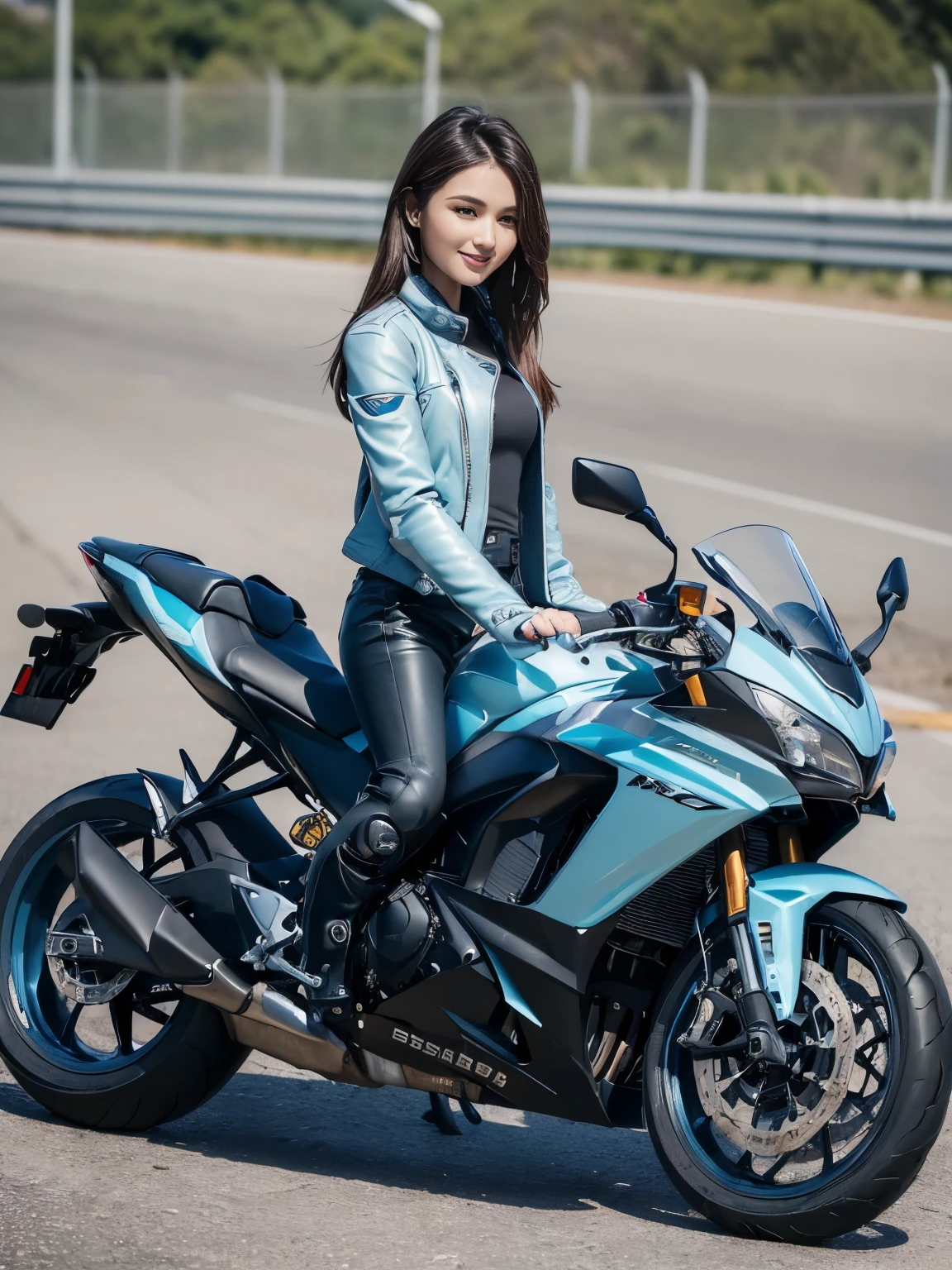((highest quality, 8k, masterpiece: 1.3)), sharp: 1.2, perfect body beauty: 1.4,(((Woman on motorcycle))),slender body,((Light blue long sleeve motorcycle jacket and black long pants)),Highly detailed face and skin texture,((full body shot)),Natural light,smile、rider boots、long legs