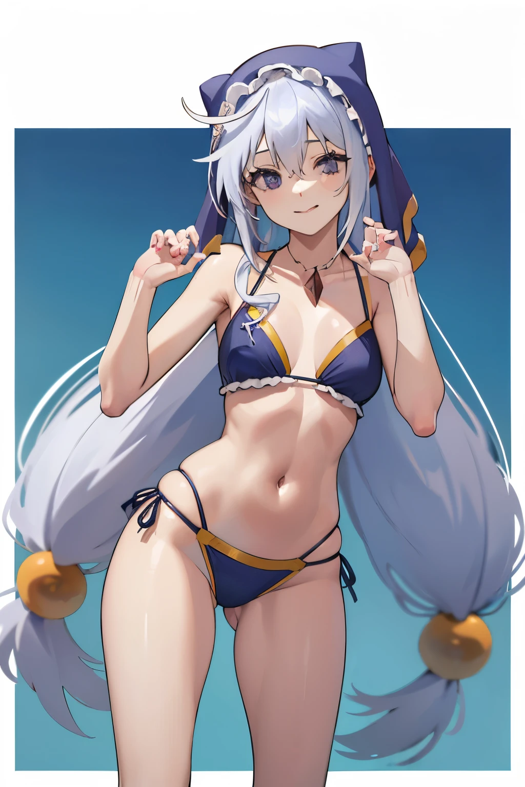 Eris Konosuba、cabelos roxos、24 anos、Cabelo longo、a praia、qualidade superior, bikini roxo、hidden hand、Navel Ejection、Teats、hands hidden