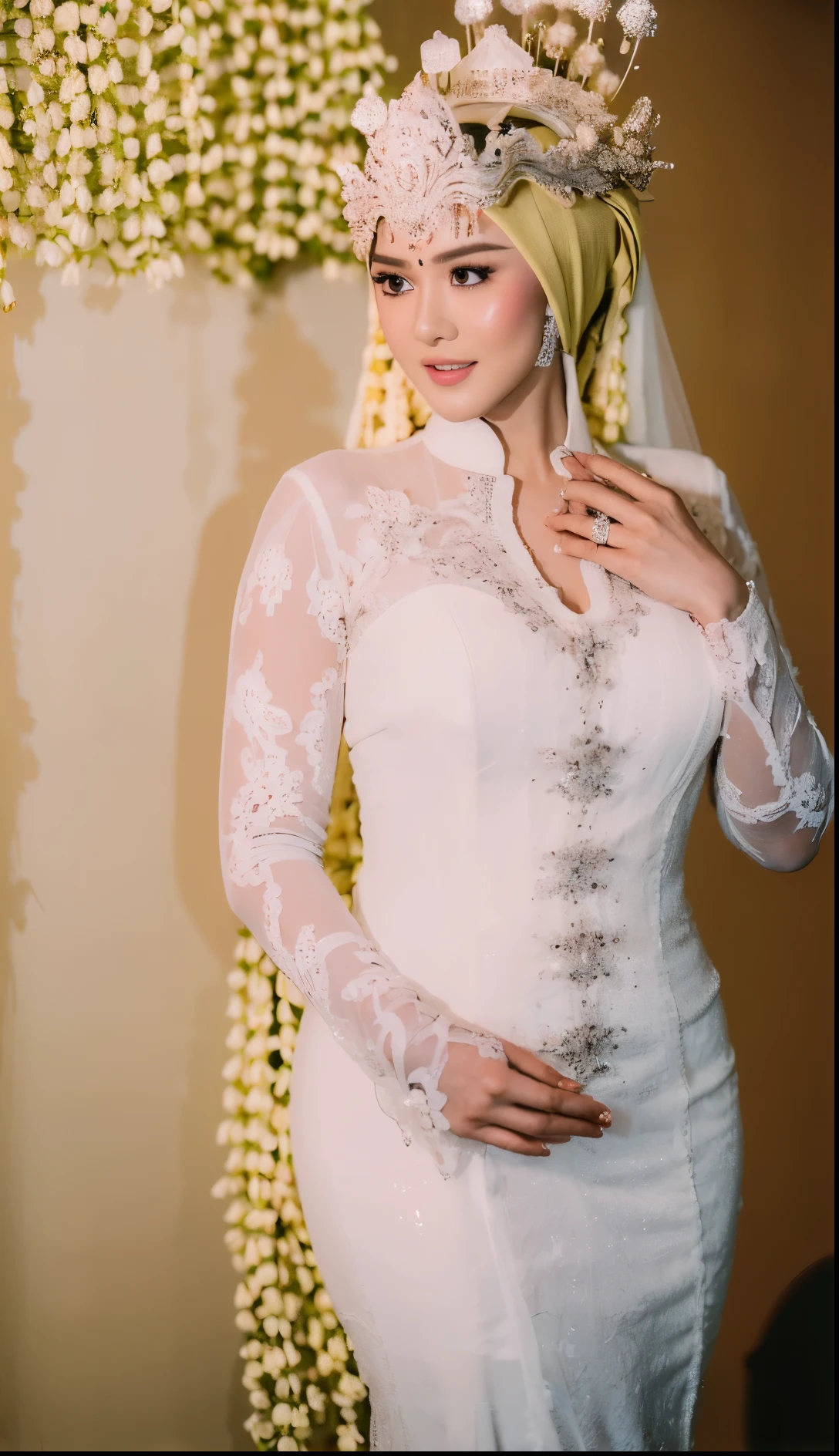 (masterpiece), ((best high quality:1.0), (ultra highres:1.0), detailed illustration, 8k, ((highest detailed)), ((ultra realistic)), soft lighting, ((realistic face, realistic skin)), ((super high resolution)), extreme detailed, ((HD picture)), ((indonesian old mother with hijab)), huge breasts, forward chest, busty body, tall, ((perfect beautiful face, thick lips, blush, Perfect round eyes, fat body)), ((sexy panganten sunda)), full body, ((wedding hall background))