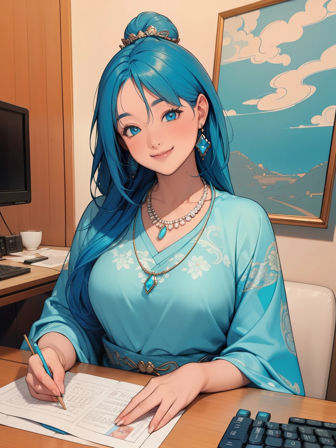 masterpiece, highest quality, super detailed, figure,(1 girl),detailed and beautiful eyes, looking at the viewer, (have a computer keyboard), Happy, (turquoise hair:1), (blue round eyes:1), (round earrings), (turquoise big gemstone necklace), cute round face, long hair, smile, fantasy chinese clothing