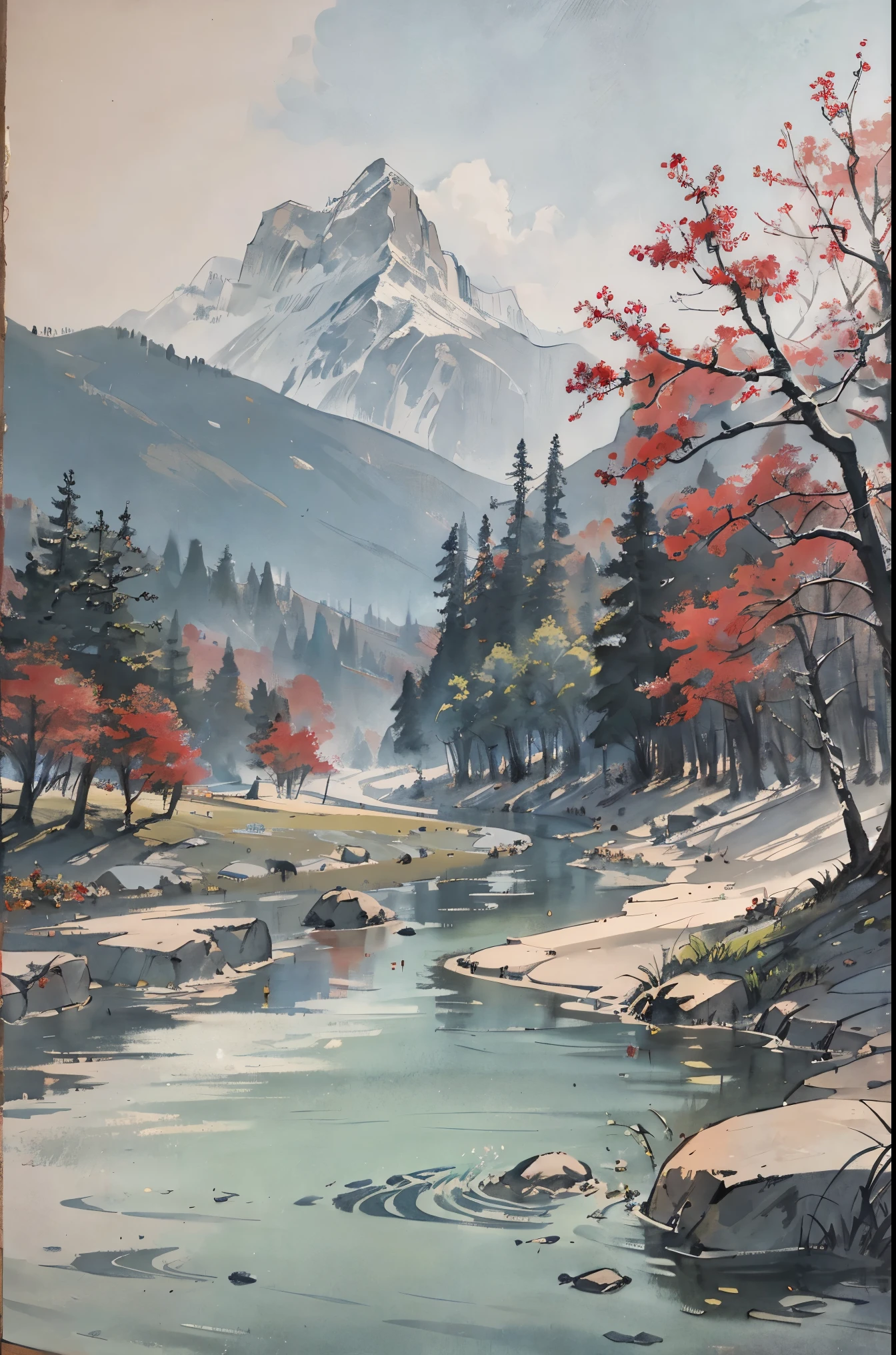 （tmasterpiece，best qualtiy：1.2），Tradition Chinese Ink Painting，mont，near a river，
