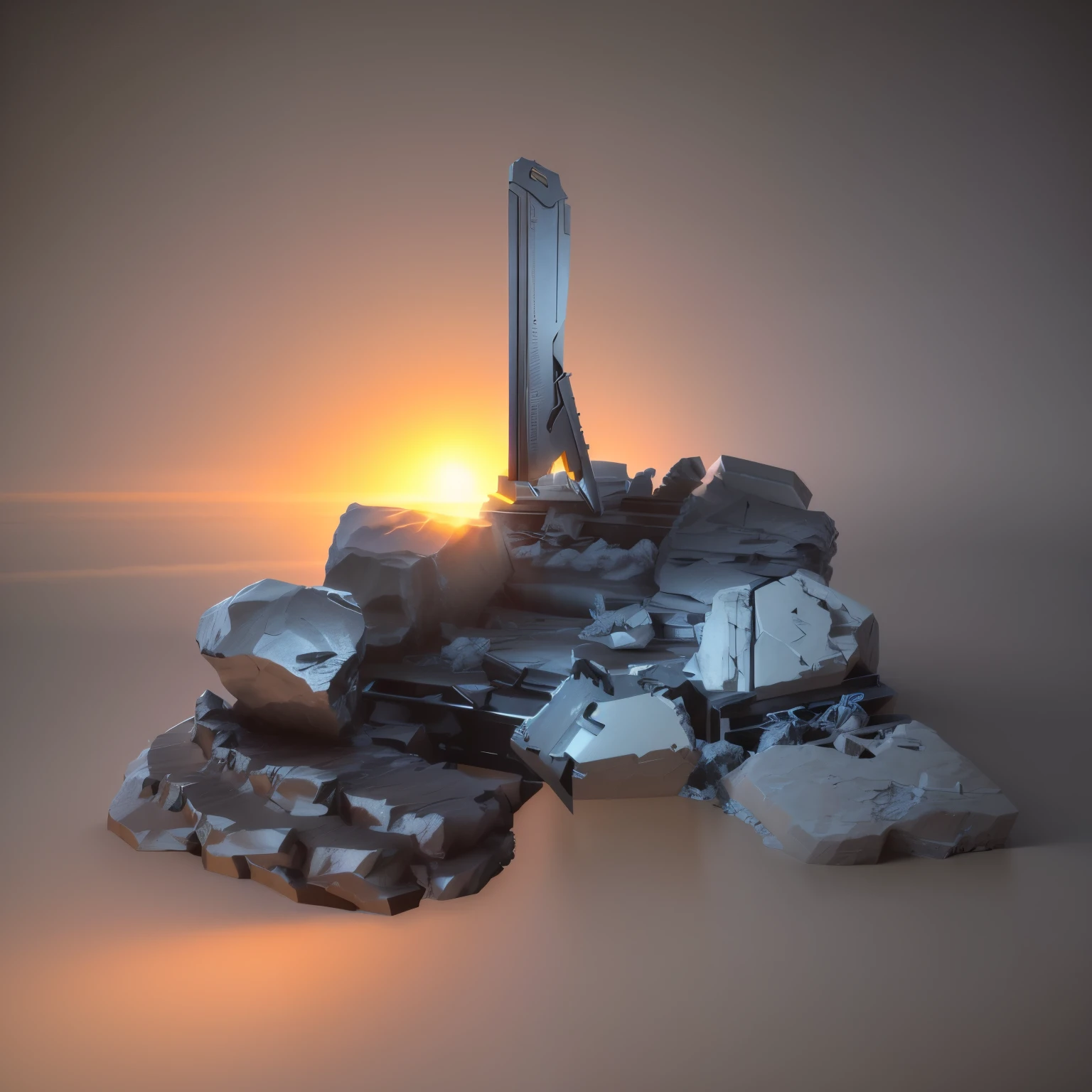 The sun at dawn,太阳光照射在On stone,On stone,There's a knife on it, Strike equipment,Armor component, hard surface model, Hard surface modeling, zbrush hard surface, Monochrome 3D model, Strike equipment, hard surface modeling