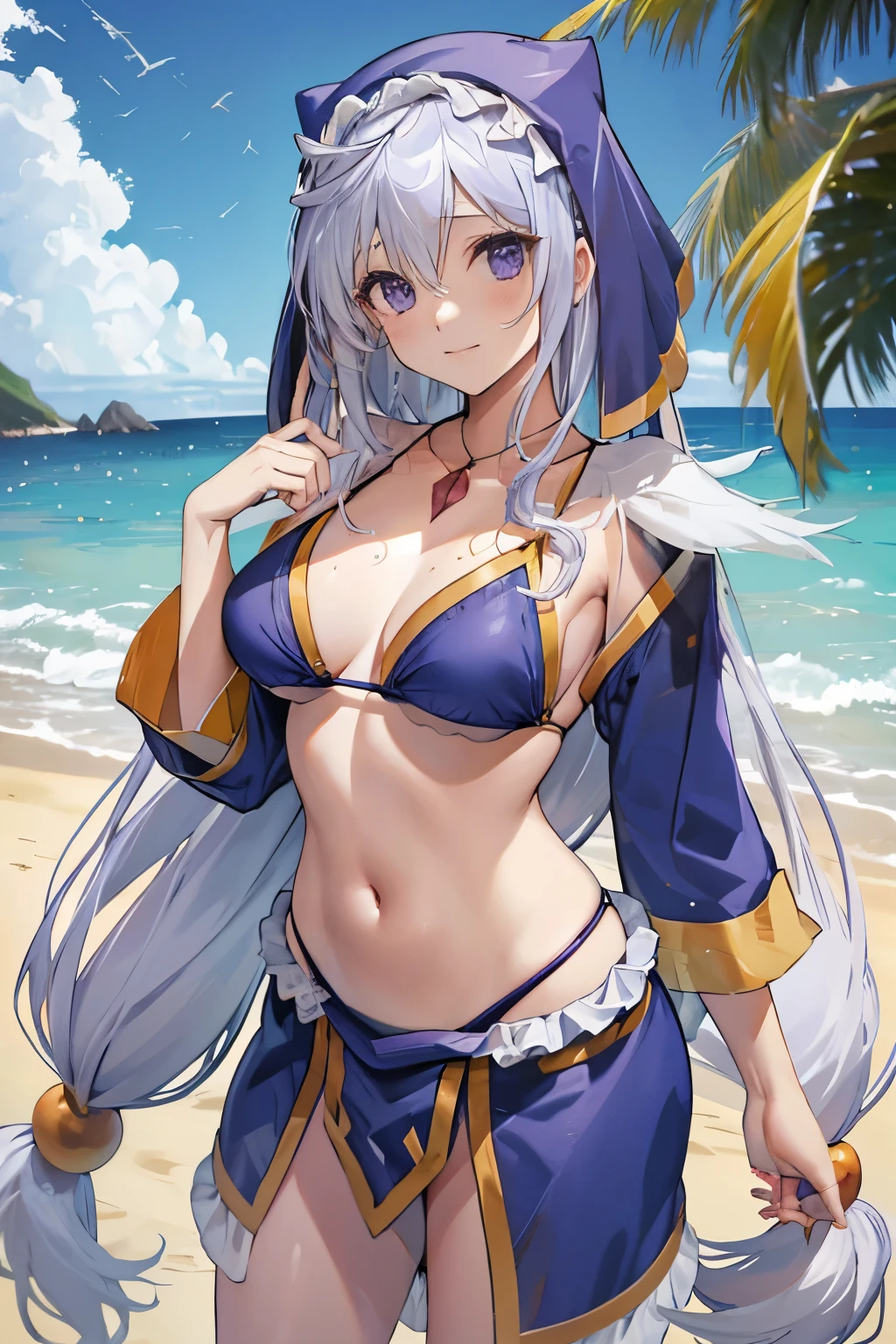 Eris Konosuba、cabelos roxos、24 anos、Cabelo longo、a praia、qualidade superior, bikini roxo、hidden hand、Navel Ejection、Teats、