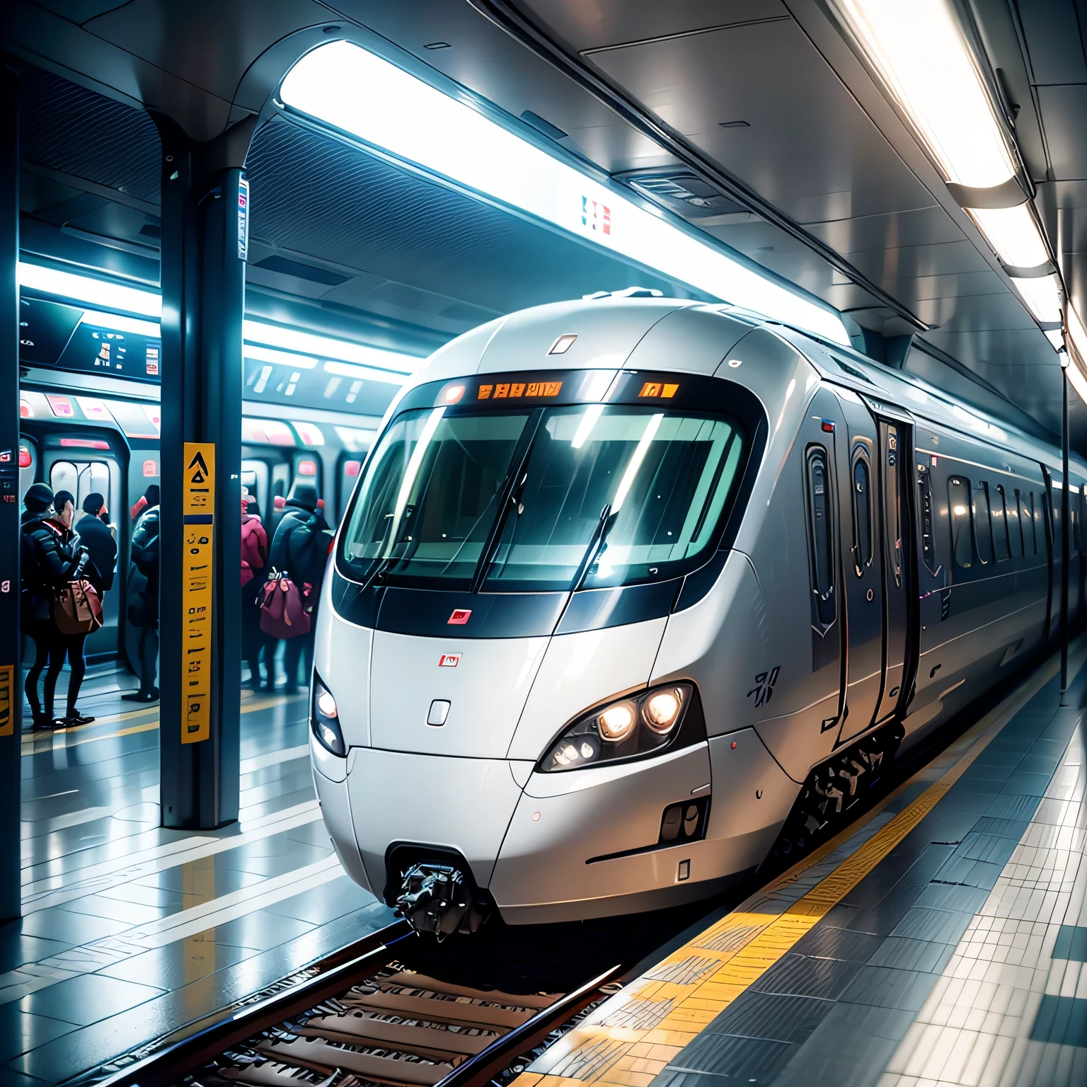 (highest quality,4k,High resolution),(realistic:1.37),(HDR),(studio lighting),(bright colors),(Physically based rendering)
Exterior photo of futuristic silver train of the latest ultra-modern metro in Sao Paulo city, graphite and silver, Stationary at a modern station, A photo taken at the moment the train entered the subway platform,line,The front of the train is visible、(Photographed from the subway platform),(there&#39;s no one here)、high position、