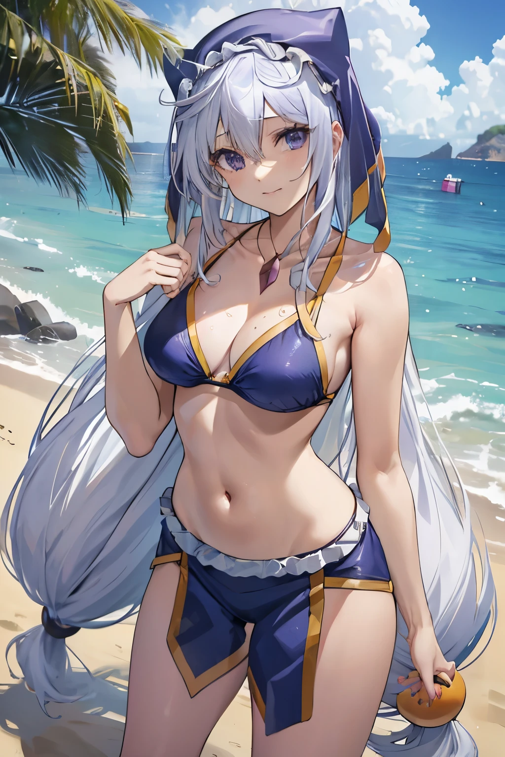 Eris Konosuba、cabelos roxos、24 anos、Cabelo longo、a praia、qualidade superior, bikini roxo、hidden hand、Navel Ejection、Teats、