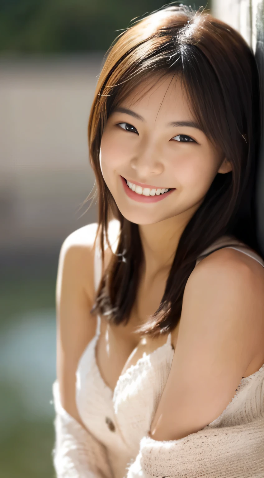 Japanese ),((beautiful girl)),cleavage,An expression that imagines something pleasant:1.2,(perfect body beauty:1.2),((perfect body)),(shy smile),beautiful teeth,