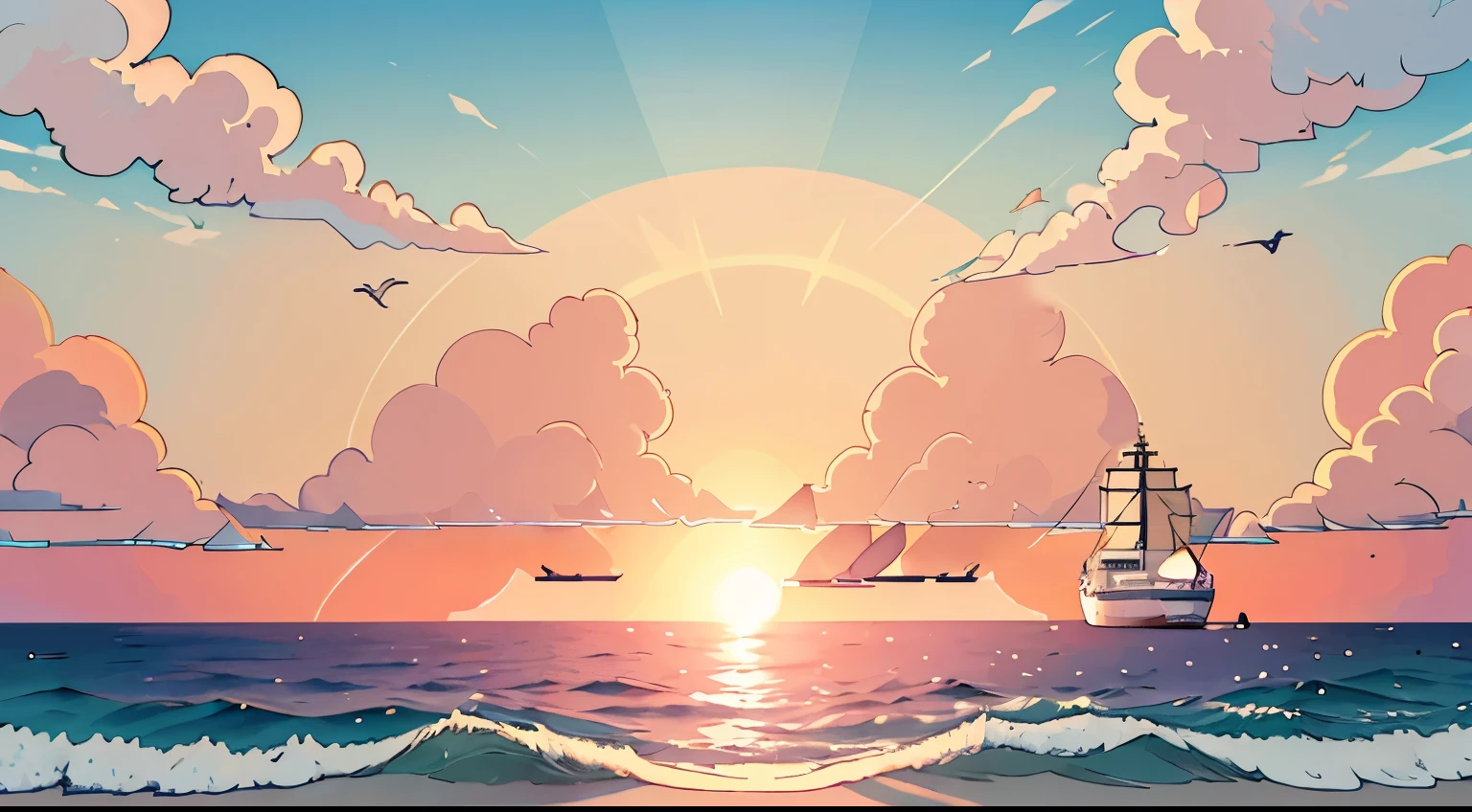 Ocean bank beautiful Scene, sun behind it with many cruise ships, 8k resolution