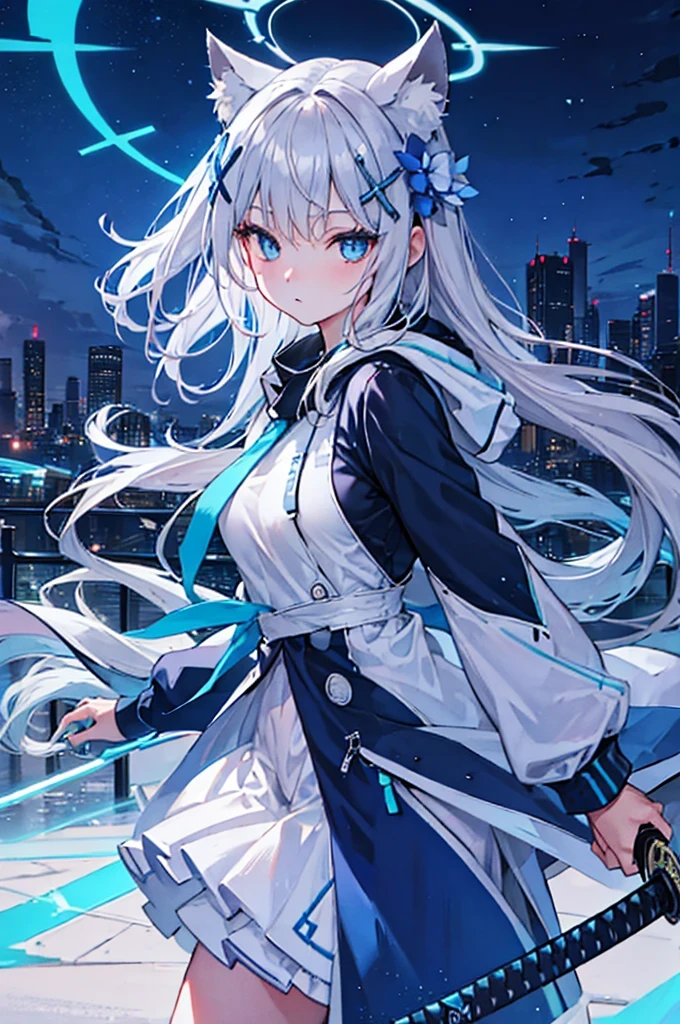 (masterpiece), septh of field, super saturate,Best Quality, 超A high resolution,girl on top of an electric pole with a view of the city of Japan ,white animal hoodie,grey hair, neon color流れ星, Very long hair, off shoulders, blue  eyes, blue flower hair ornament, neon color, flashes, stunning night sky, Cinematic lighting, Photorealistic, Realistic skin, Fisheye, (32k), embarrassing, holding katana sword