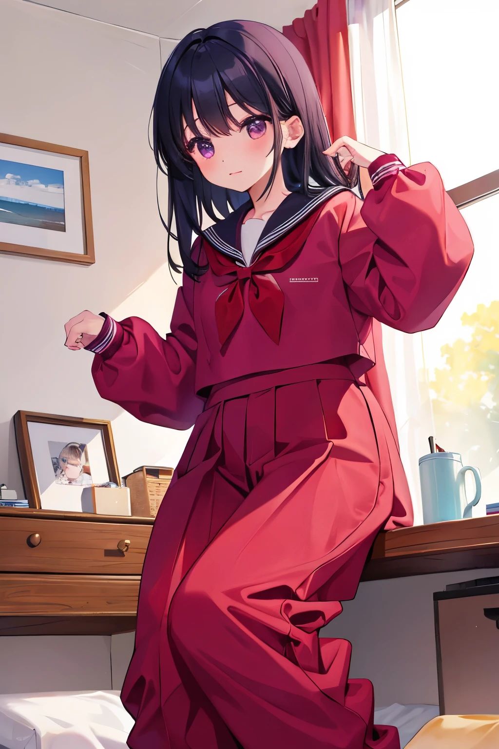 A girl wearing baggy red-purple pants, long sleeve, winter, wearing a sailor suit, Moe sleeves, Bedroom, barefoot, black hair, from below, super detailed