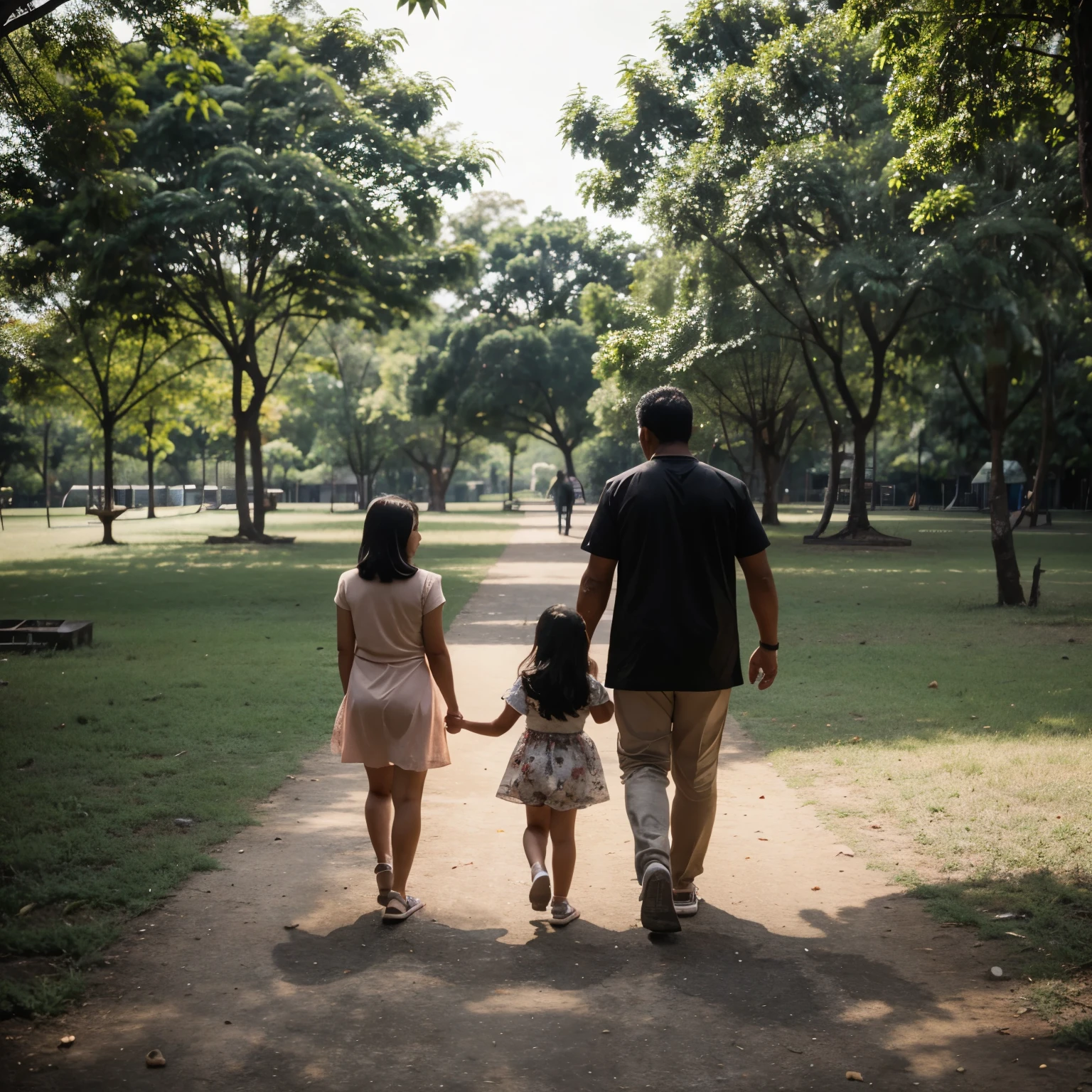 a 35 year old father with an Indonesian face is walking in the park holding 2 13 year old daughters on the right and left realistic view