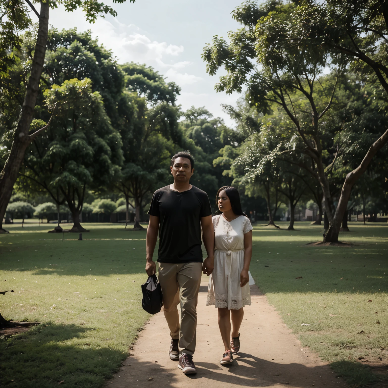 a 35 year old father with an Indonesian face is walking in the park holding 2 13 year old daughters on the right and left realistic view
