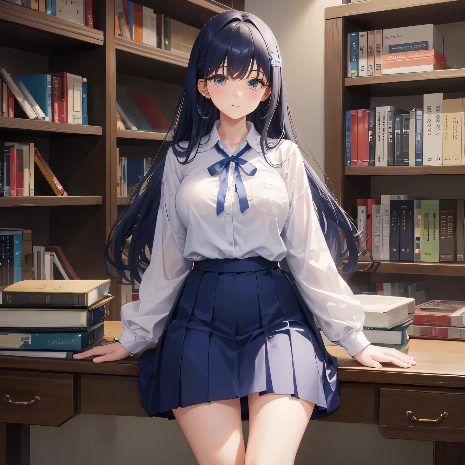 1 high school girl alone high school uniform White Y shirt long sleeve blue ribbon dark blue hair color dark blue hair color big breasts sit on a chair library 学校のlibrary bookshelf loafers full body portrait slim body shape cool look confident look Laugh a little long leggings skirt emphasize the thighs