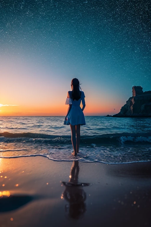 Surrealism, Romanticism, sparkle, foreshortening, Sony FE, panorama, high details, masterpiece, two moon, beautiful sea, a girl watching towards the sea