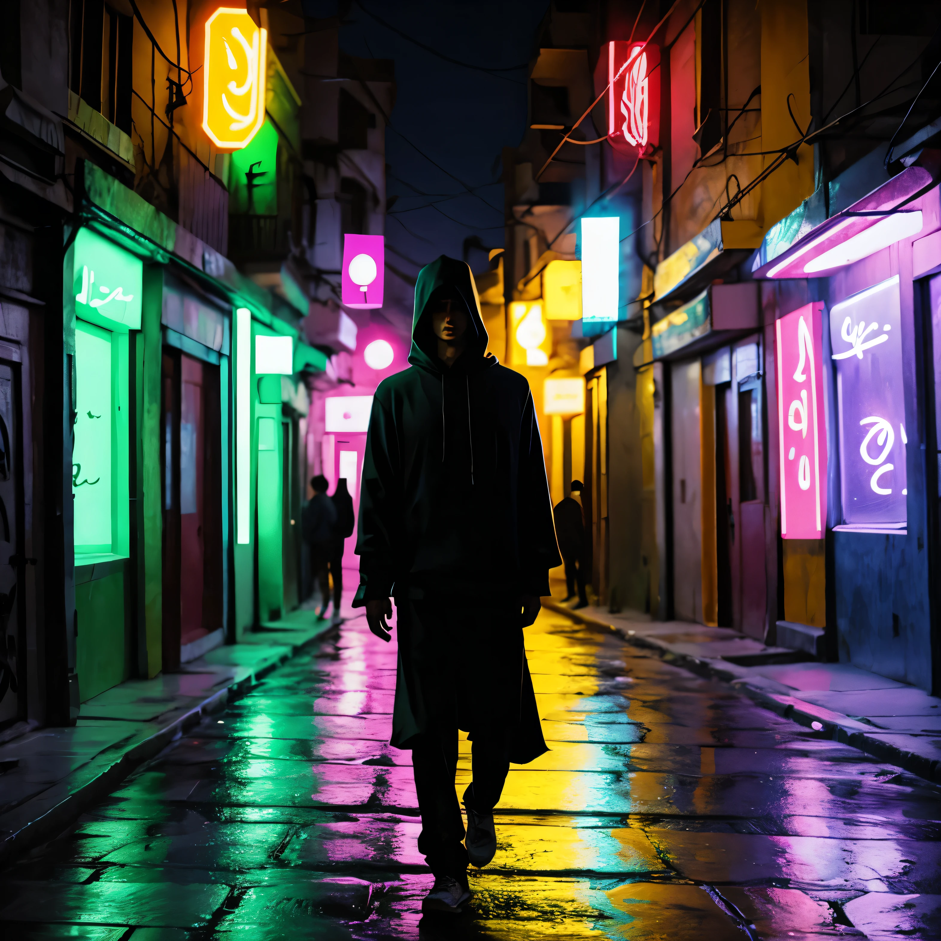 Hooded boy in neon street iran